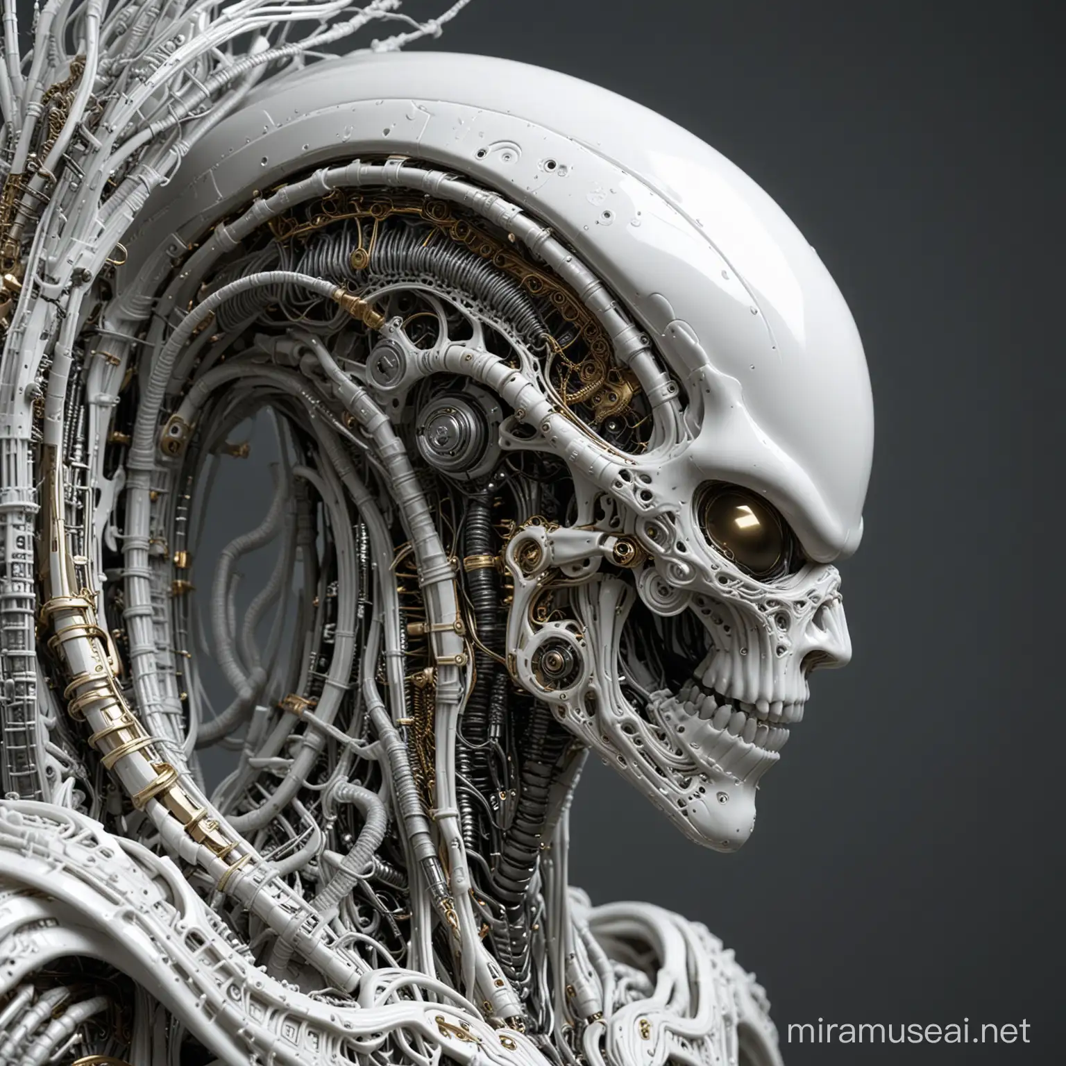 Elegant Xenomorph Cyborg Profile Sculpture with Delicate Lace and Filigree Details