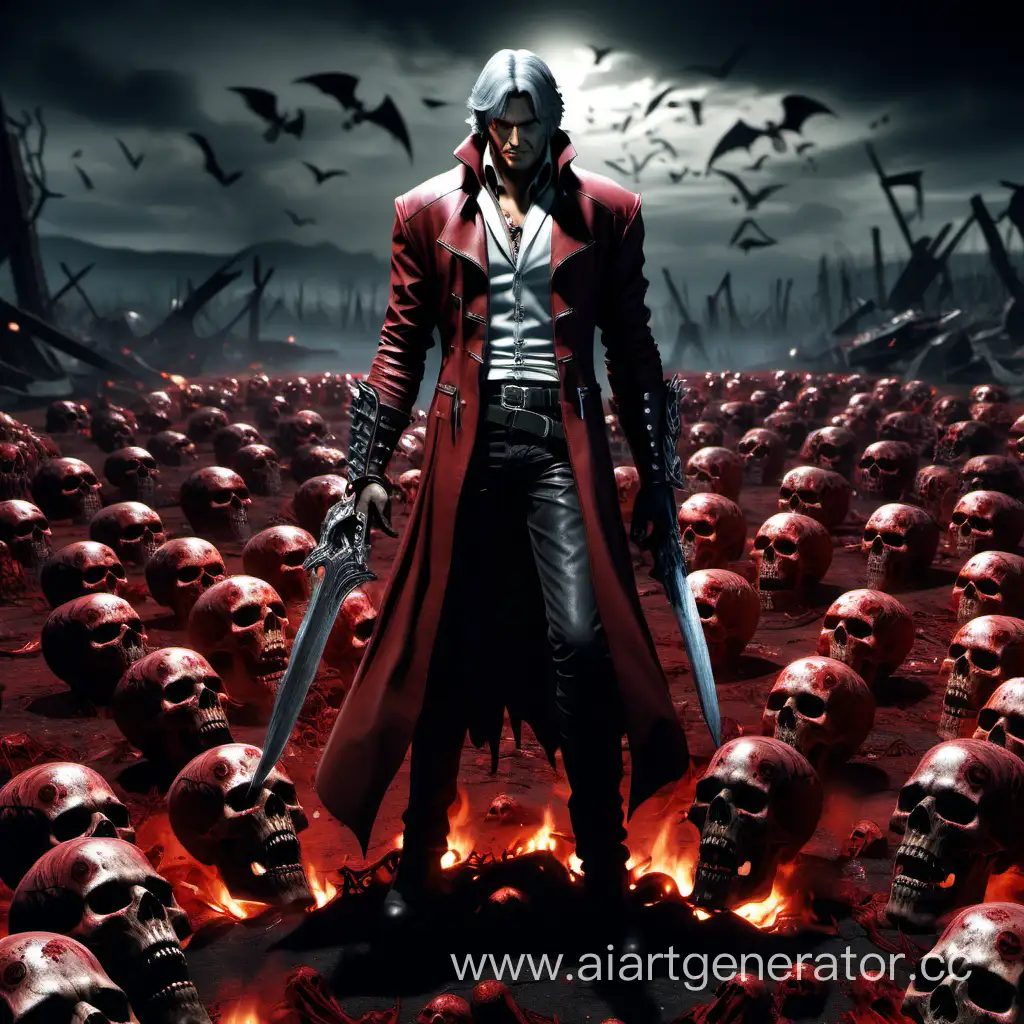 Арт, игровой персонаж Данте весь изранен, стоит на поле усыпанном черепами, находитсяв месте похожем на ад
