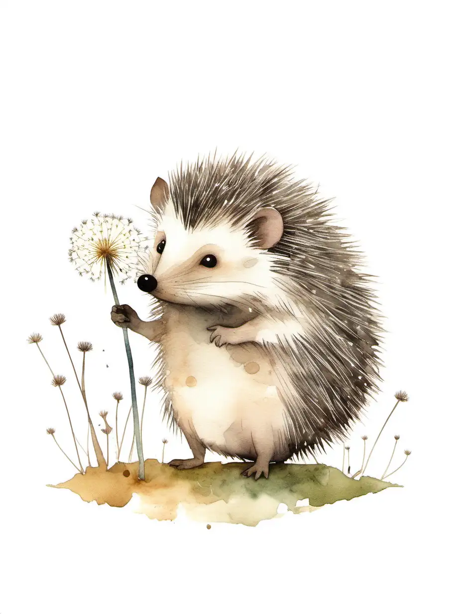 Cute hedgehog holding a dandelion, subdued colours, minimal design, white background, organic tone, watercolour, style in jon klassen
