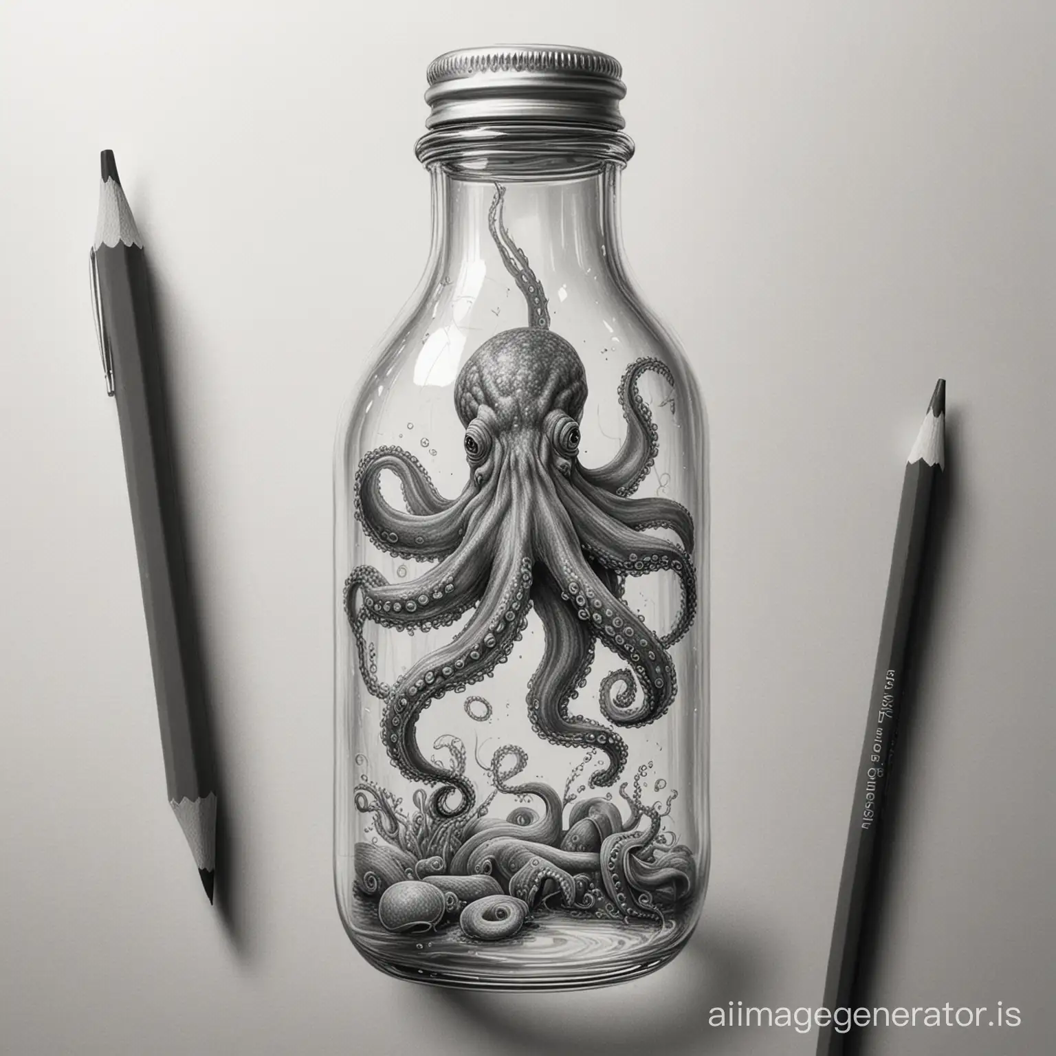 Pencil sketch of an octopus stuck inside a clear bottle, ultra-realistic drawing style