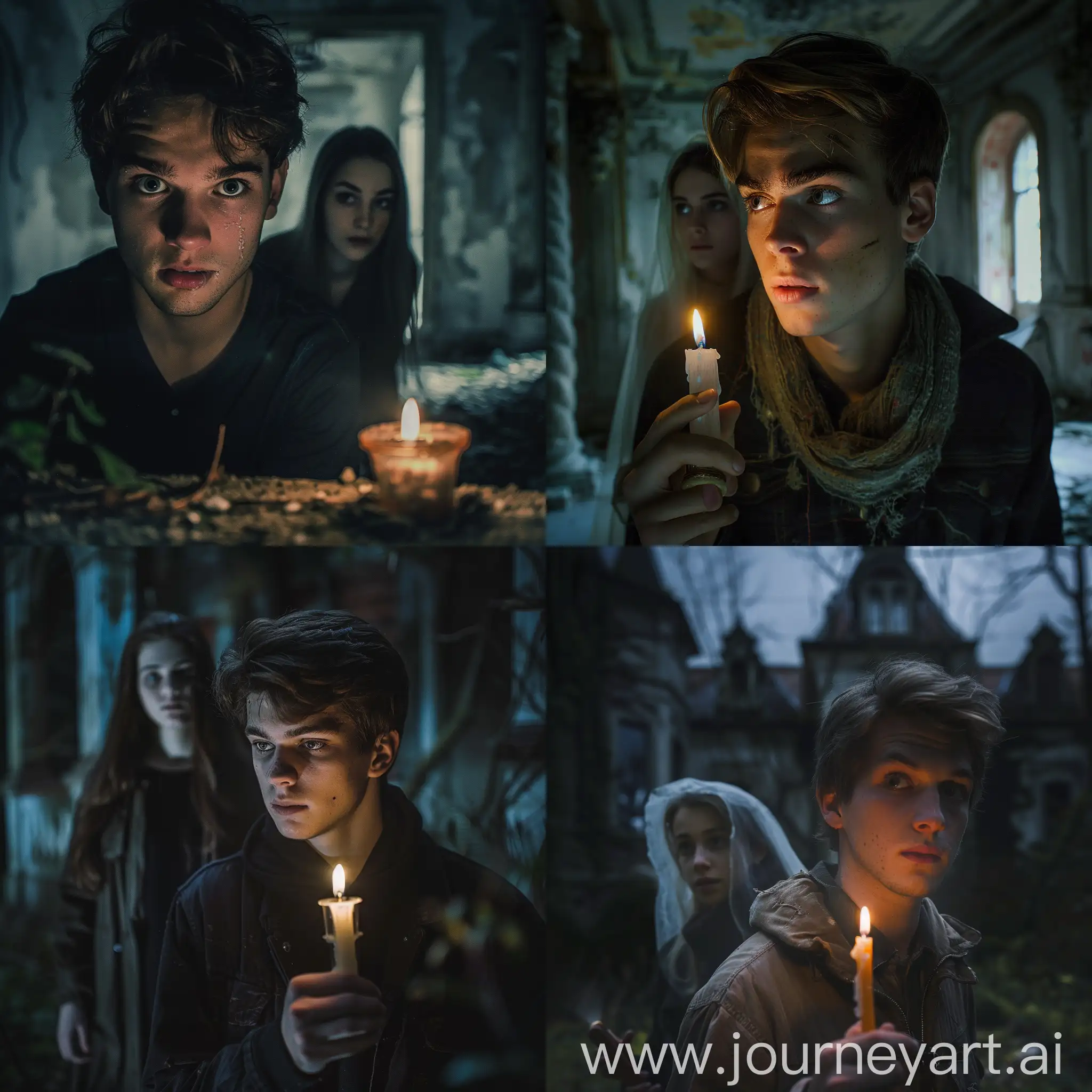 Young man. Searching with candle,  female ghost behind him,  abandon Victorian mansion, horror, night time