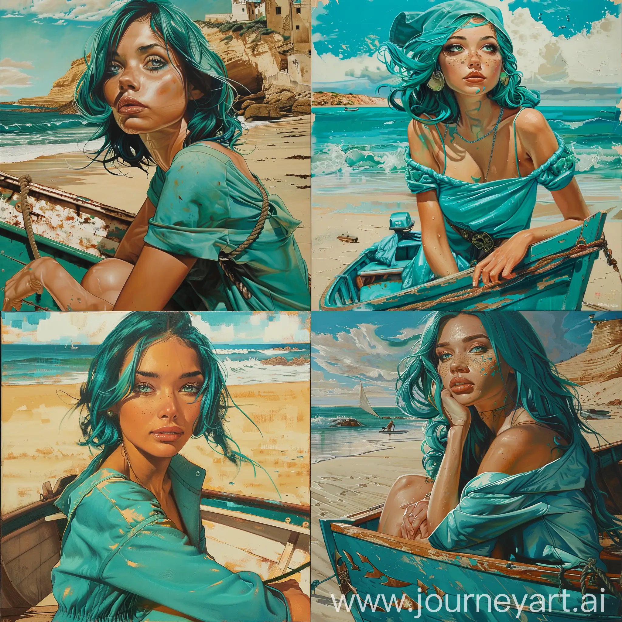 a painting of a woman sitting on a boat, by Cyril Rolando, pop surrealism, ilya kuvshinov face, alita, in the beach, with teal clothes, portrait hd, jamie mckelvie comic art, oceanside, martin ansin, character portrait closeup, michael shapcott, teal hair, dafne keen, oil paint