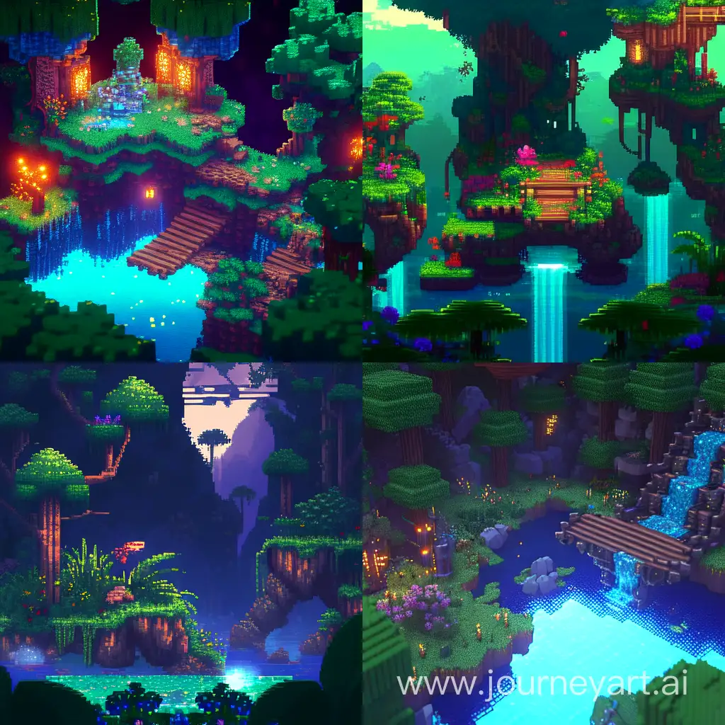 Мультяшный игровая локация, задний фон, передний фон, воксельная графика, похожа на игру terraria, в стиле джунглей с красивым освещением и водой
