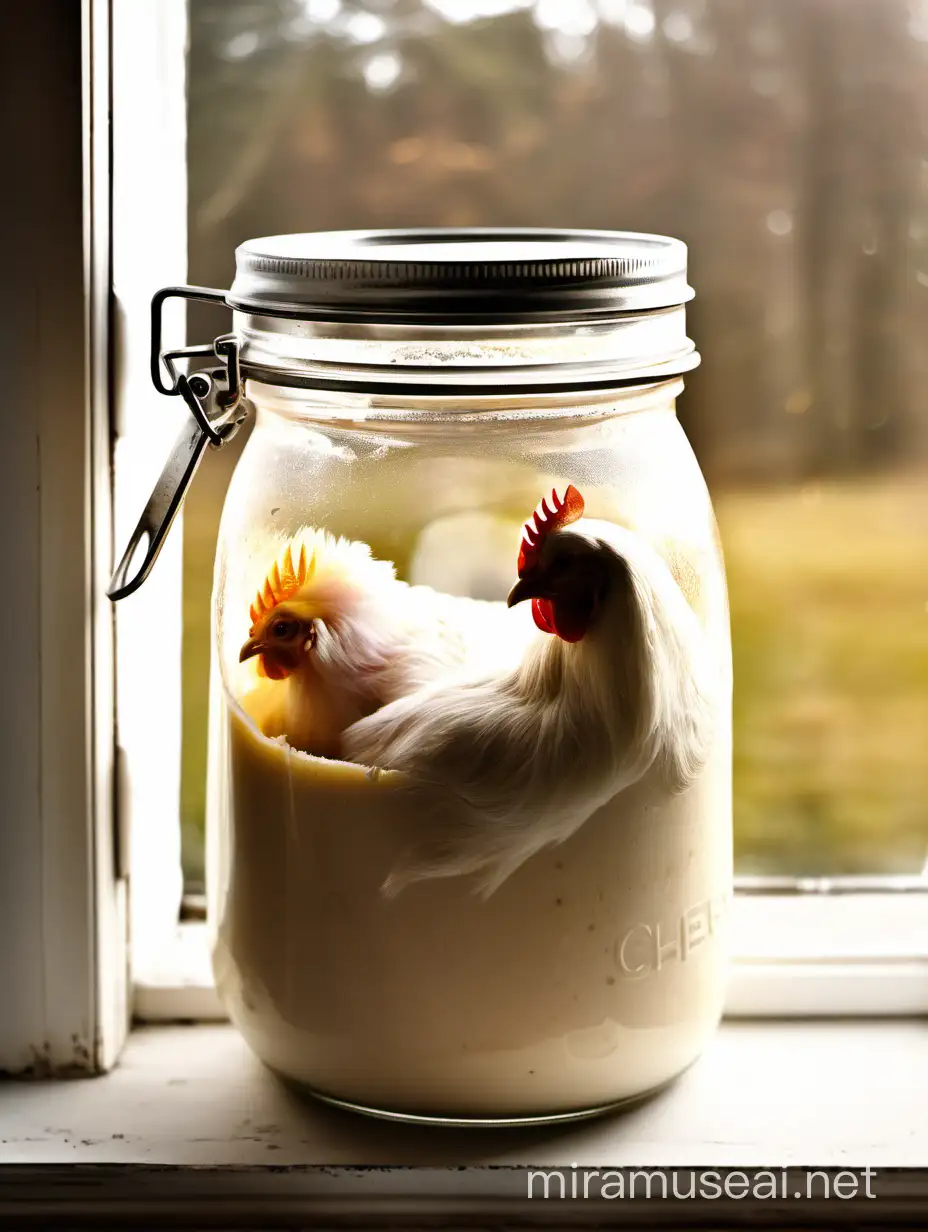 Sourdough starter in a Mason jar by a window in the country. Warm tones and cozy vibes. Chickens out the window. 