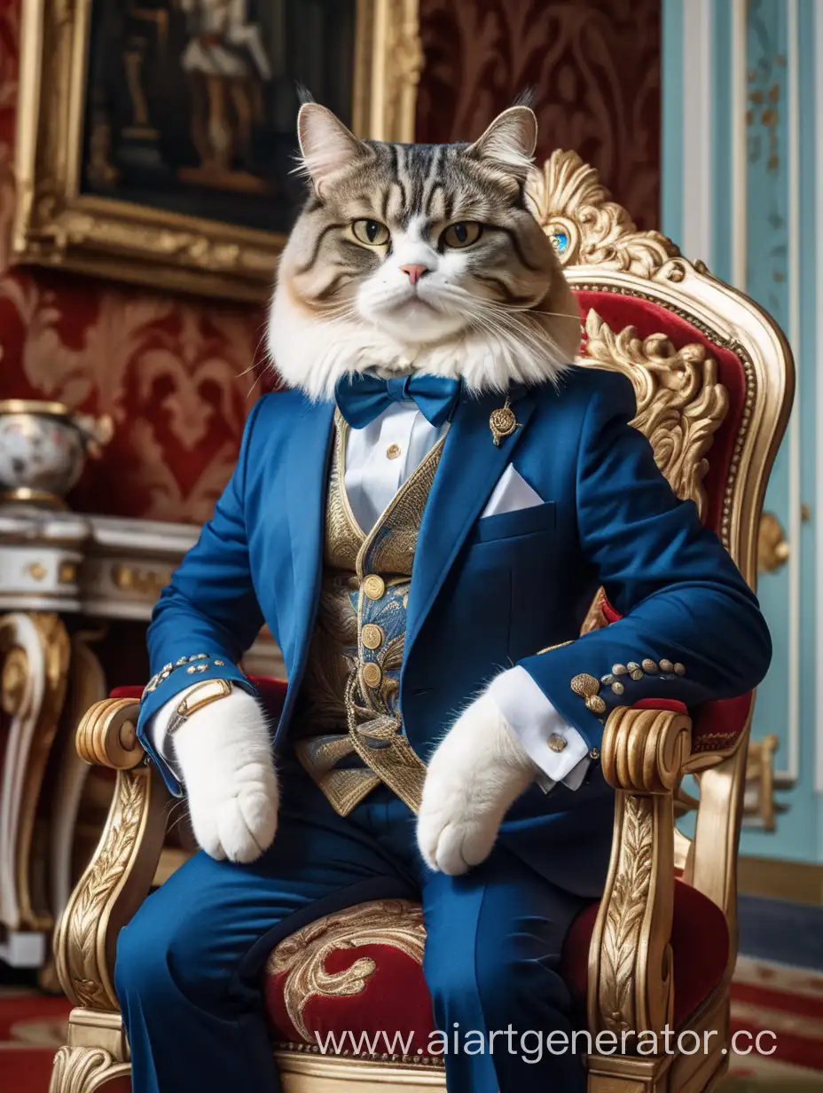 Портрет эрмитажного кота в кресле в костюме на фоне эрмитажа в позе как король