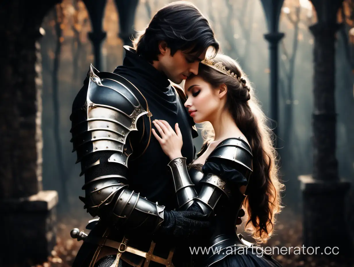 Рыцарь в черных доспехах обнимающий  своб красивую возлюбленную принцесу