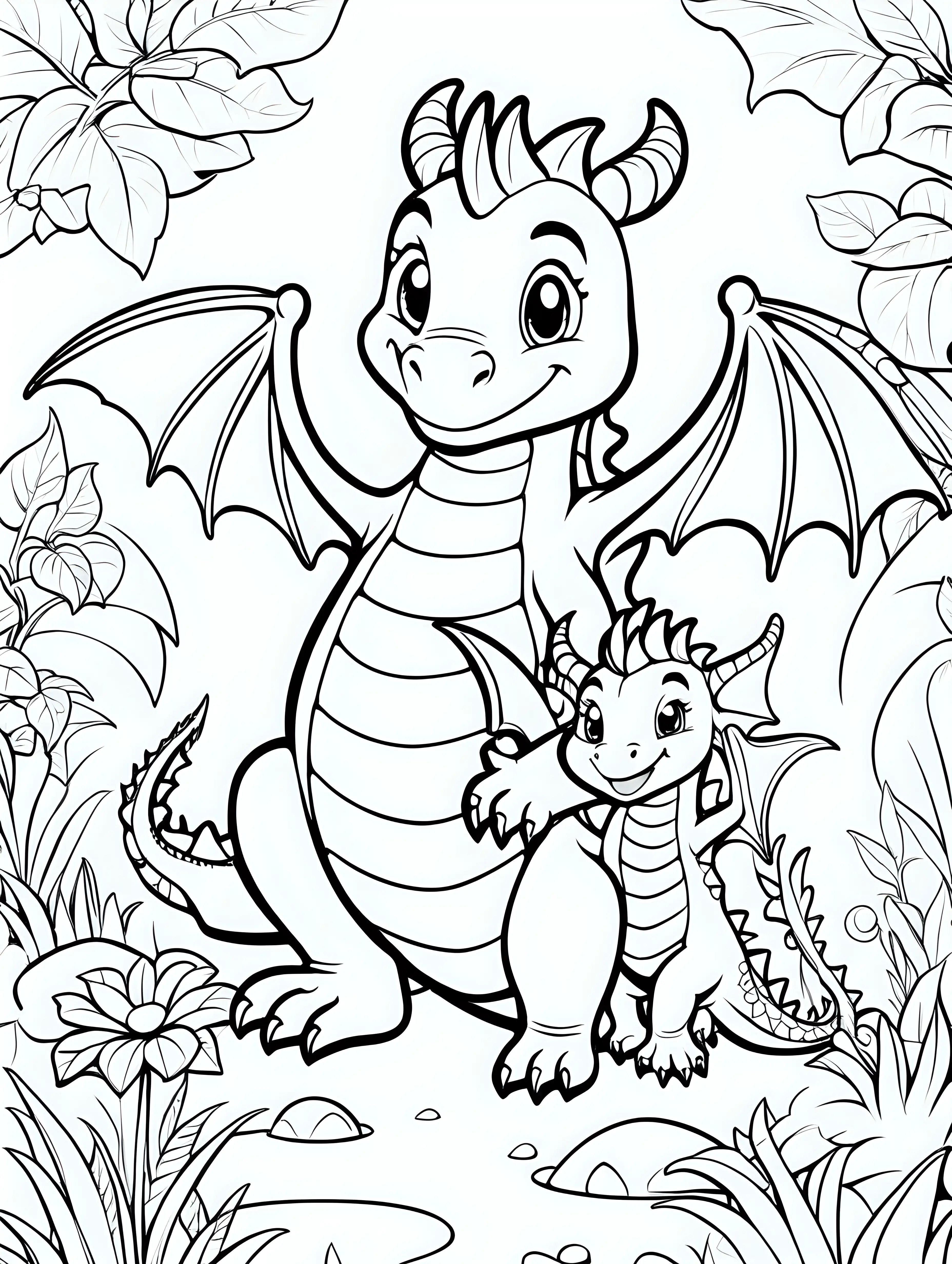 Happy Baby Dragon and Mommy Enjoy Magical Summer Day Coloring Adventure