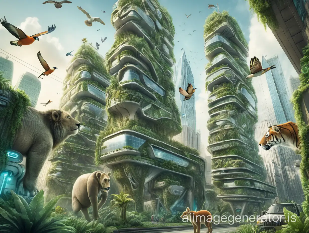 Futuristic buildings are covered with plants and wild animals roam the urban area, low angle, realist style