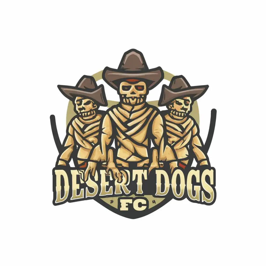 logo, team of mummies with cowboy hats, with the text "Desert Dogs FC", typography, be used in Sports Fitness industry