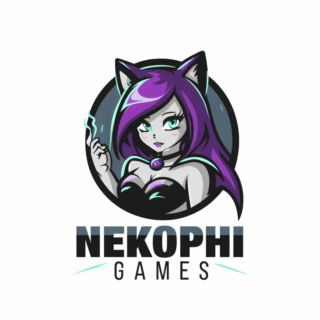 a logo design, with the text 'NekoPhi Games', main symbol: sexy catgirl purple teal, Minimalistic, to be used in Entertainment industry, clear background