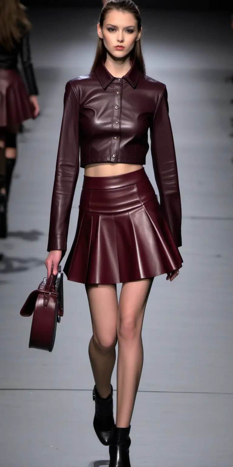 burgundy,  leather, mini circular skirt wear fashion model in runway