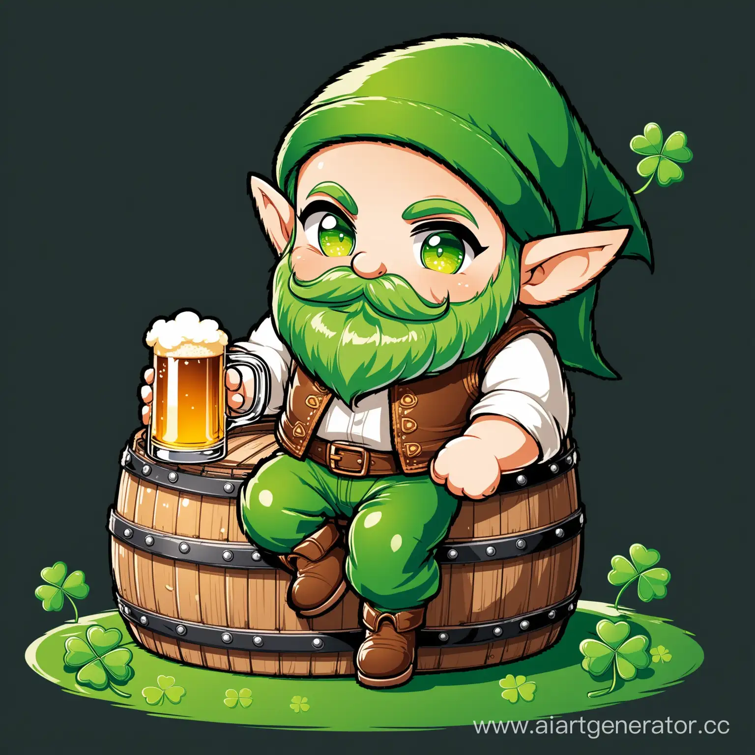 A kind and contented chibi elf with a beard, sitting on a leaf of clover, wrapping his legs around a barrel of beer, four-leaf clover, in a leather vest, trousers huge, expressive reflective eyes, detailed, by Disney, vector style, cartoon cherakter, precise details, minimalism style, inc painting, reflective eyes, 8k, black background