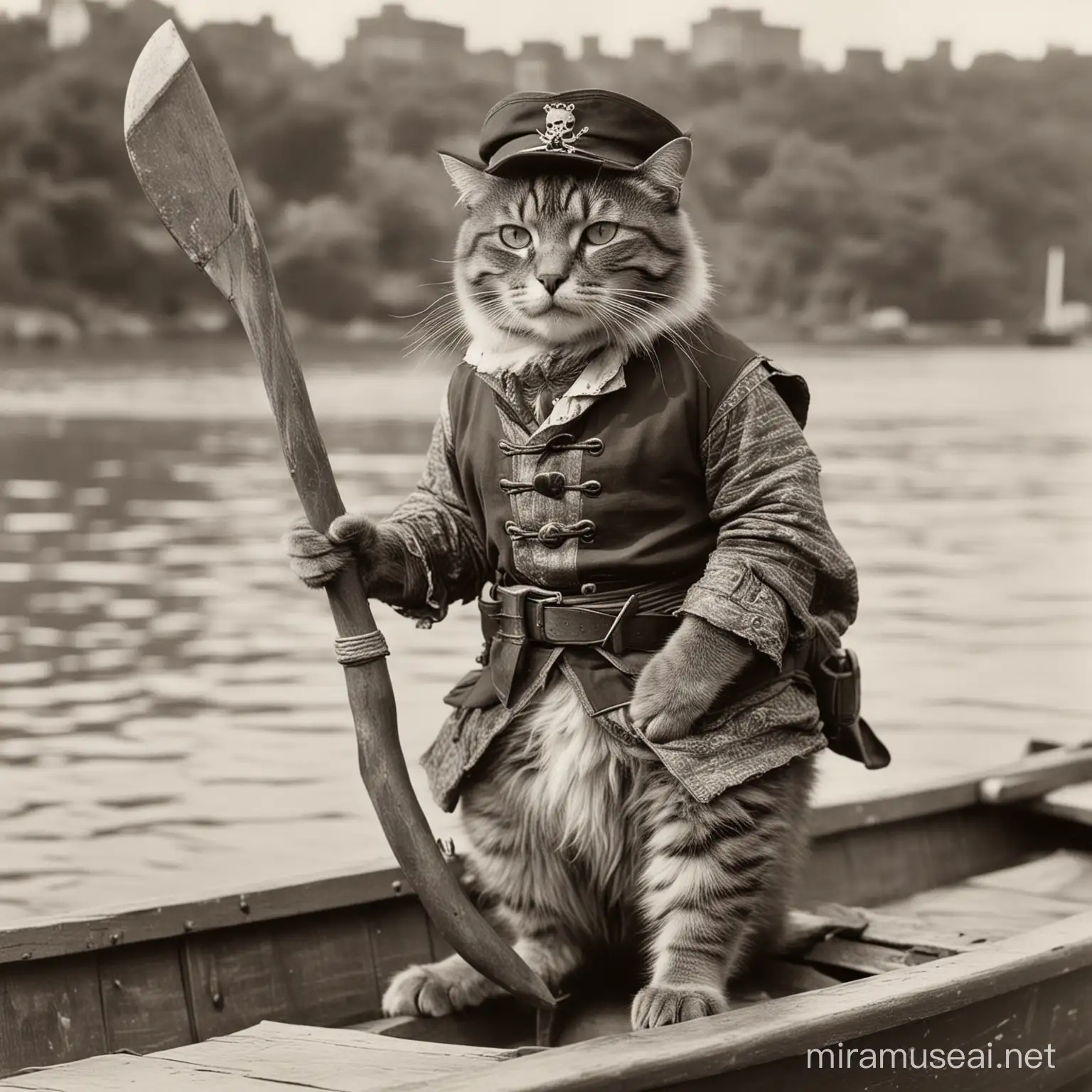 an antorpomorphic cat in 1920, dressed as a river pirate, with a small axe in one hand, on a small boat on the Hudson River