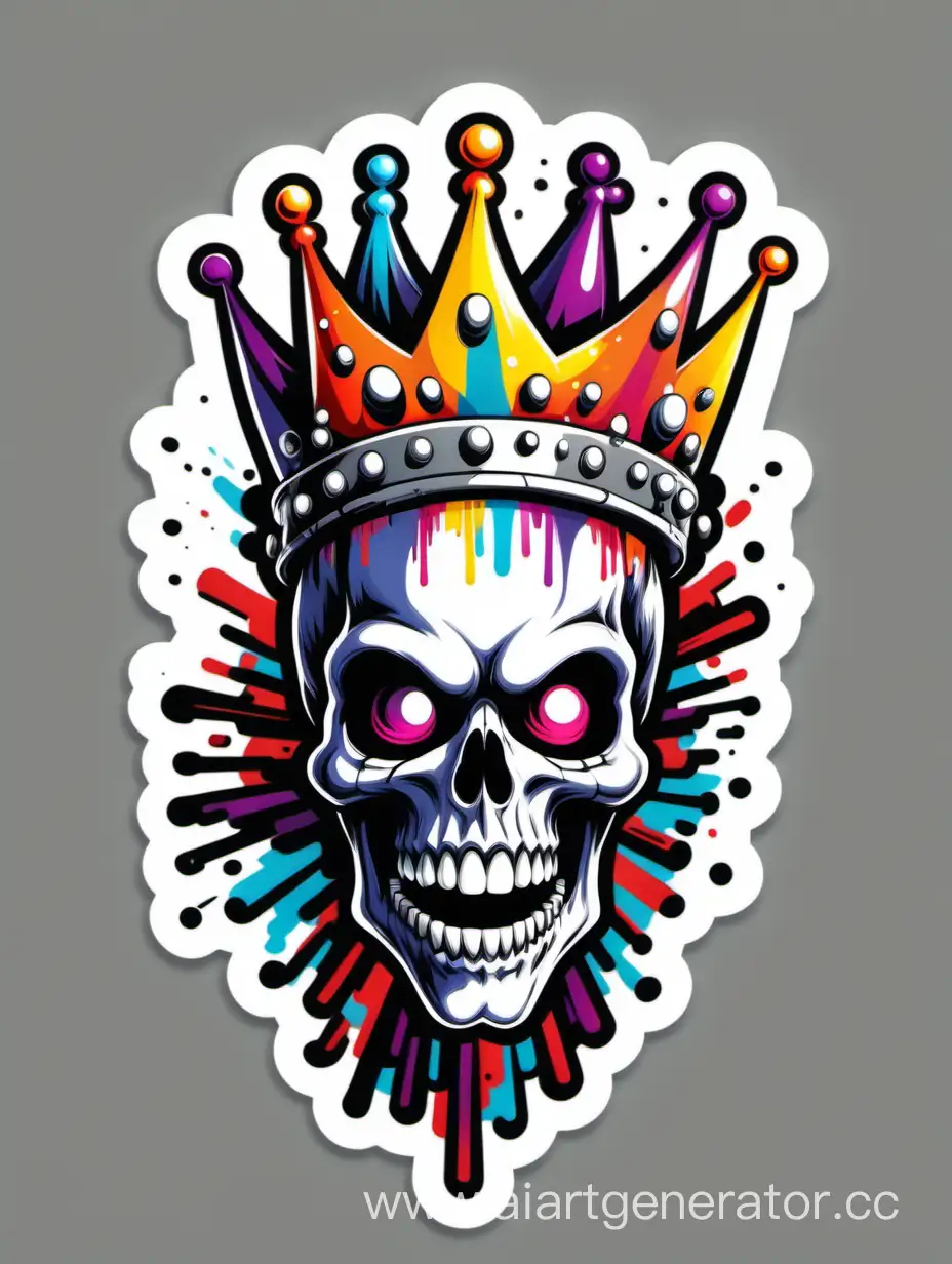white skull head,  16 bit colored hairstyle, explosive evil laugh, stencil sticker style, wearing a multicolored explosive fluid crown, gray background