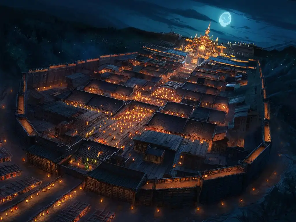 a distant elevated view of the lantern kings sprawling city, surrounded by timber walls, with his palace set in the back. surround the city with a dark woods occasionally lit with dim lights.