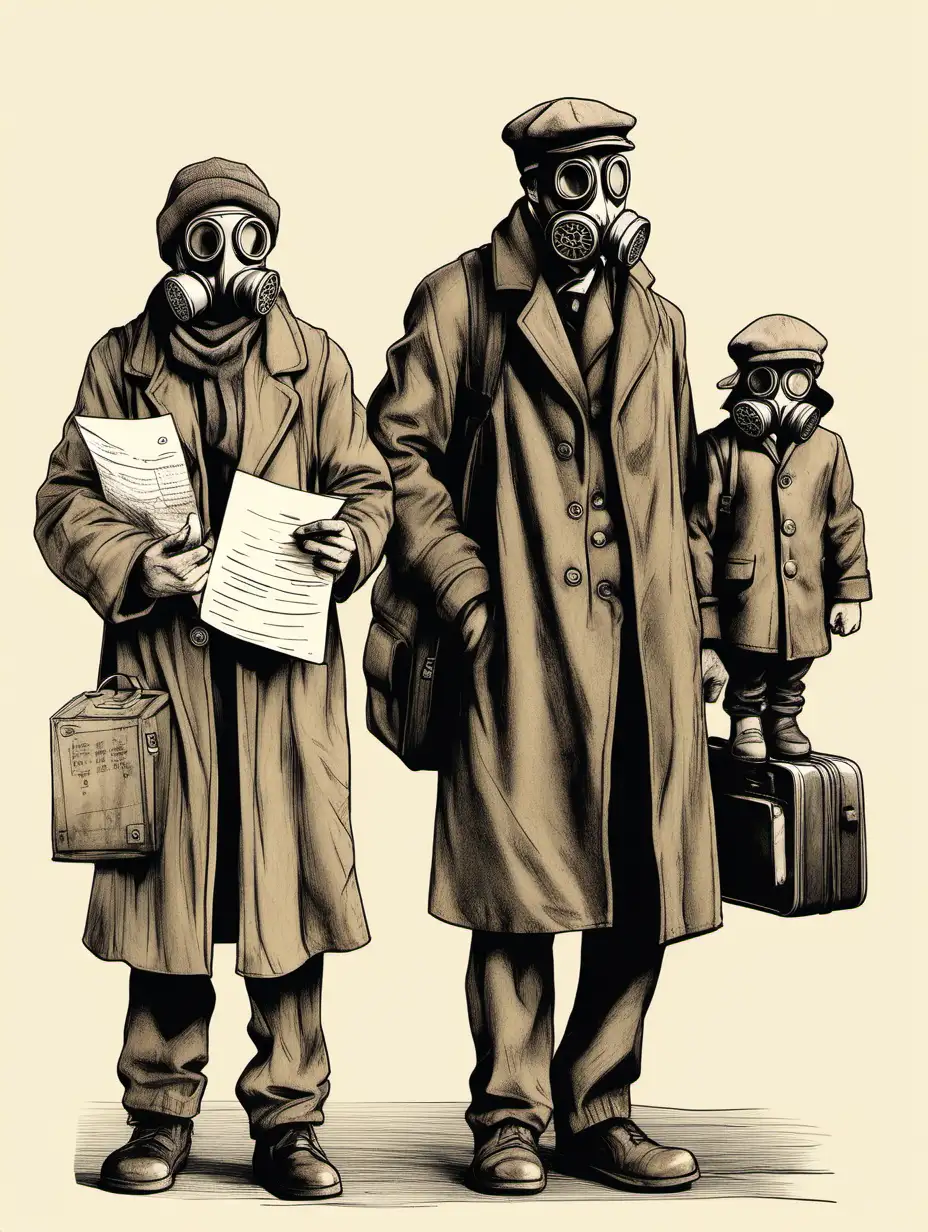 DepressionEra Family Wearing Gas Masks and Carrying Documents and Luggage Sketch