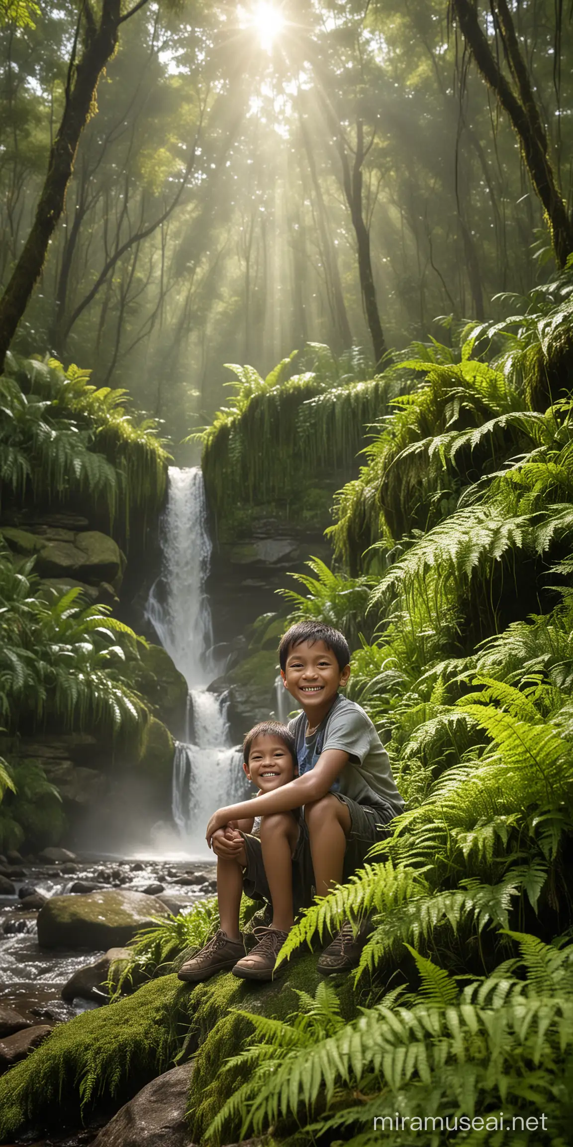 8 year old Indonesian young man sitting with his 2 year old boy on a rock facing the front camera while smiling in the middle of a forest filled with sunlight, sunlight penetrating between the leaves. Delicate dewdrops cling to ferns and wildflowers. In the background, a mystical waterfall cascades down moss-covered rocks, and mist rises into the air. High resolution, high realism.