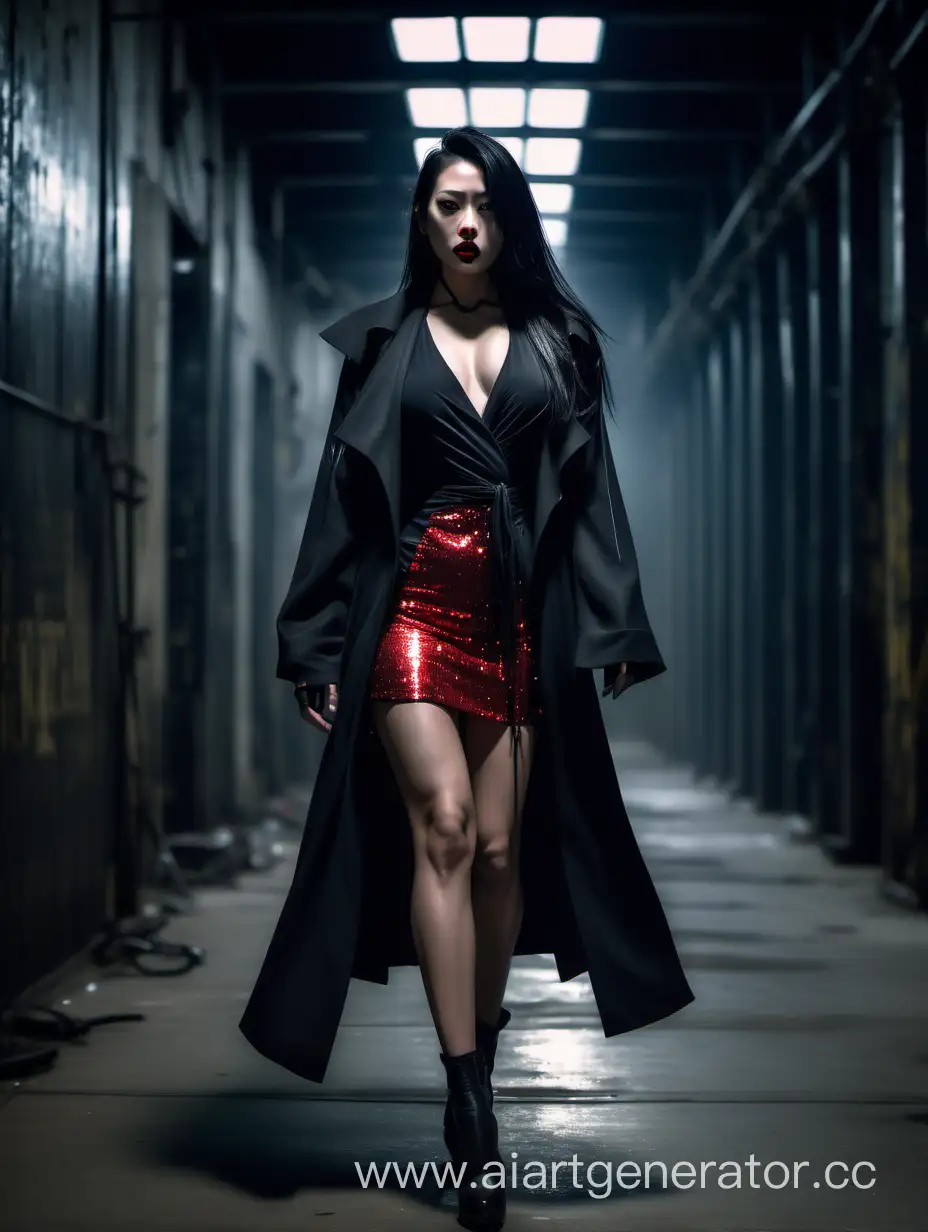 Dystopian future fashion, cyberpunk, young adult asian woman, thick CrossFit physique, broad shoulders, long dark hair with faded tips tied back, big open flowing black coat over shiny shimmering sequinned dress, short skirt, sexy pensive face turned looking off to the side, red lips, walking towards camera, walking through dimly lit industrial corridor, cinematic style 