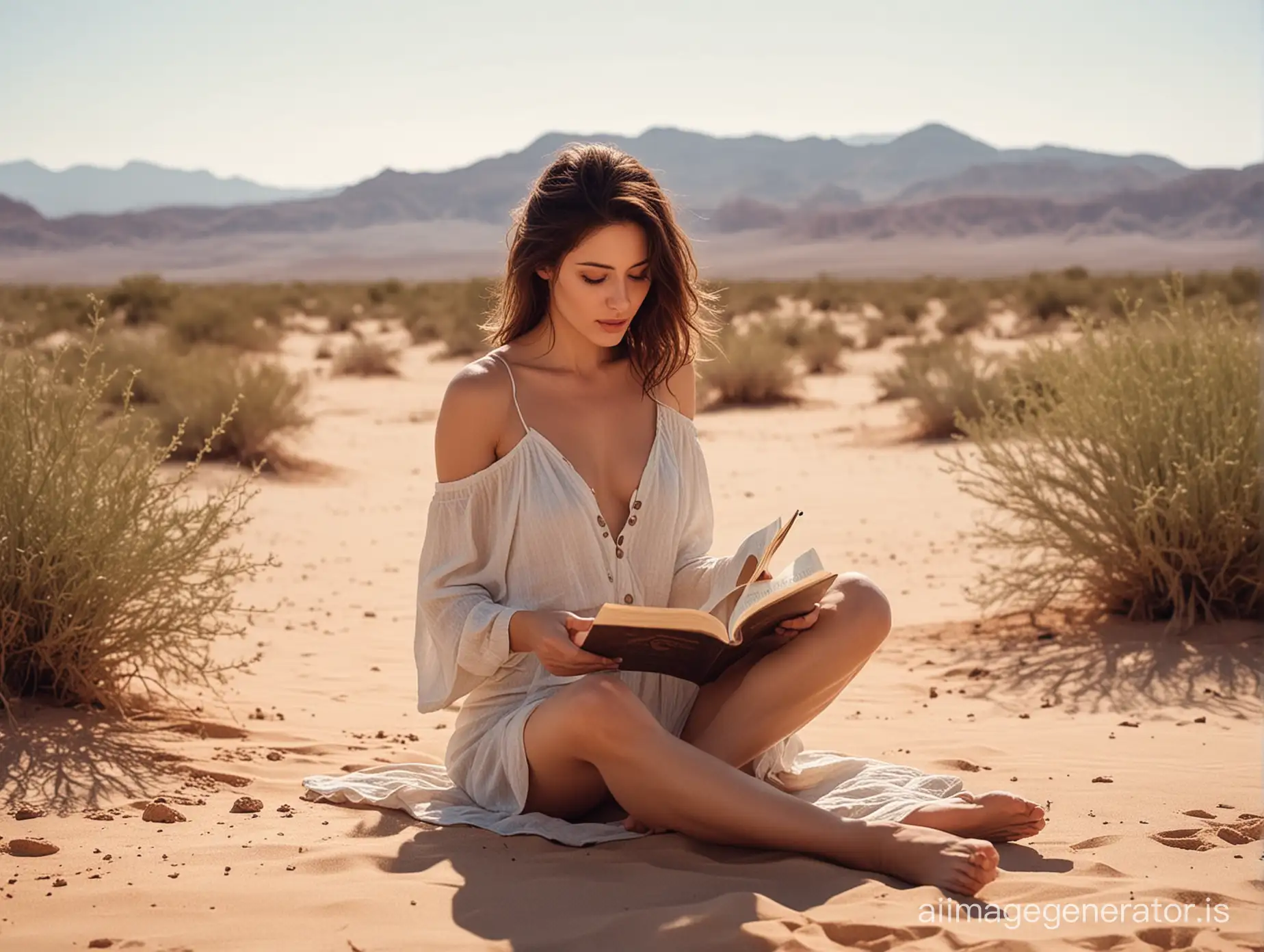 A Poetic women  reading some Poetry  in the desert while her looking  deep in her eyes with  undying loving lust  shivering through his body  for her as his deep lover of life time.