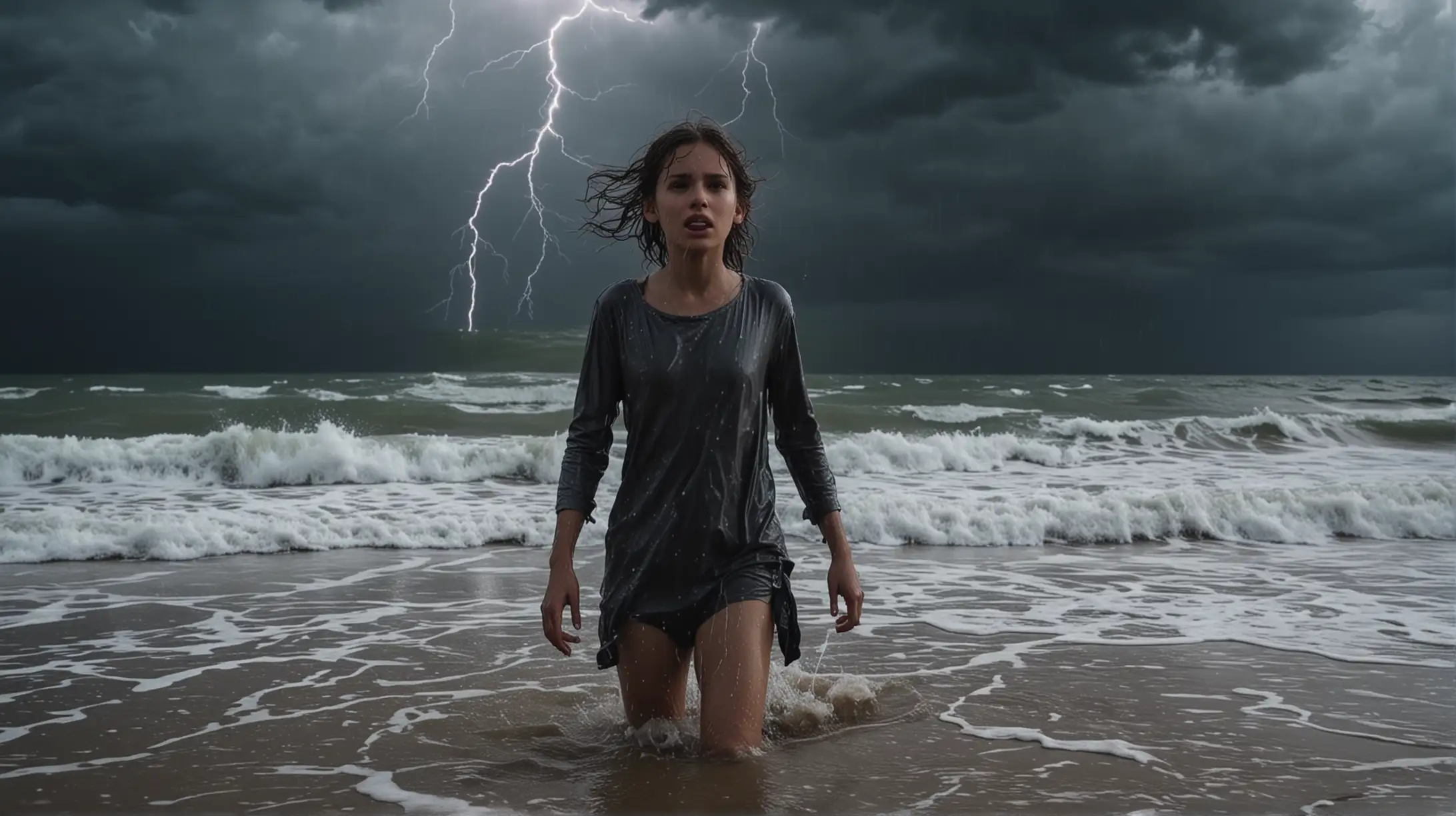 Dramatic Beach Scene Girl Emerging from Sea in Stormy Weather