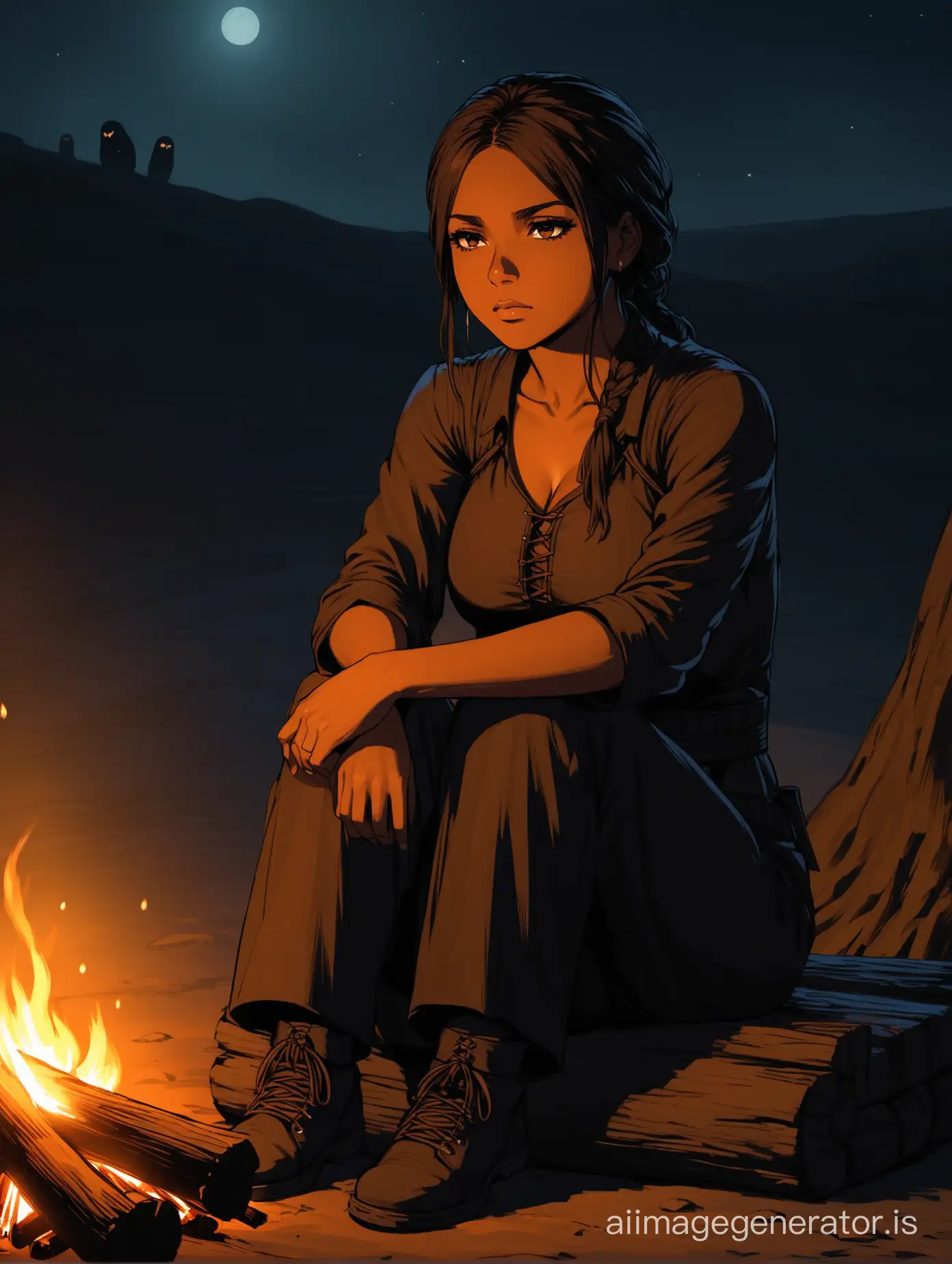 Sheva Alomar sitting by a campfire, a haunted and contemplative expression.