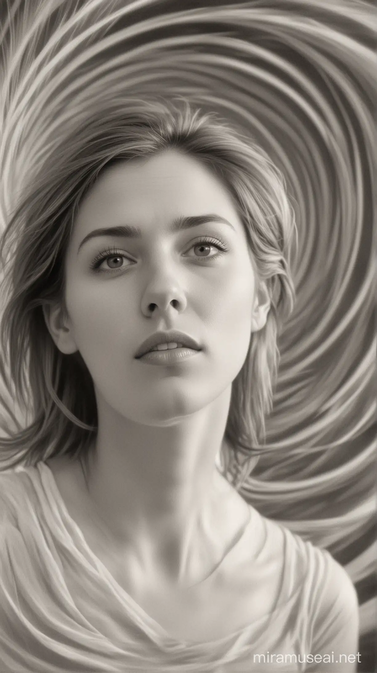 Captivating BW Pencil Drawing Woman in Rotating Vortex