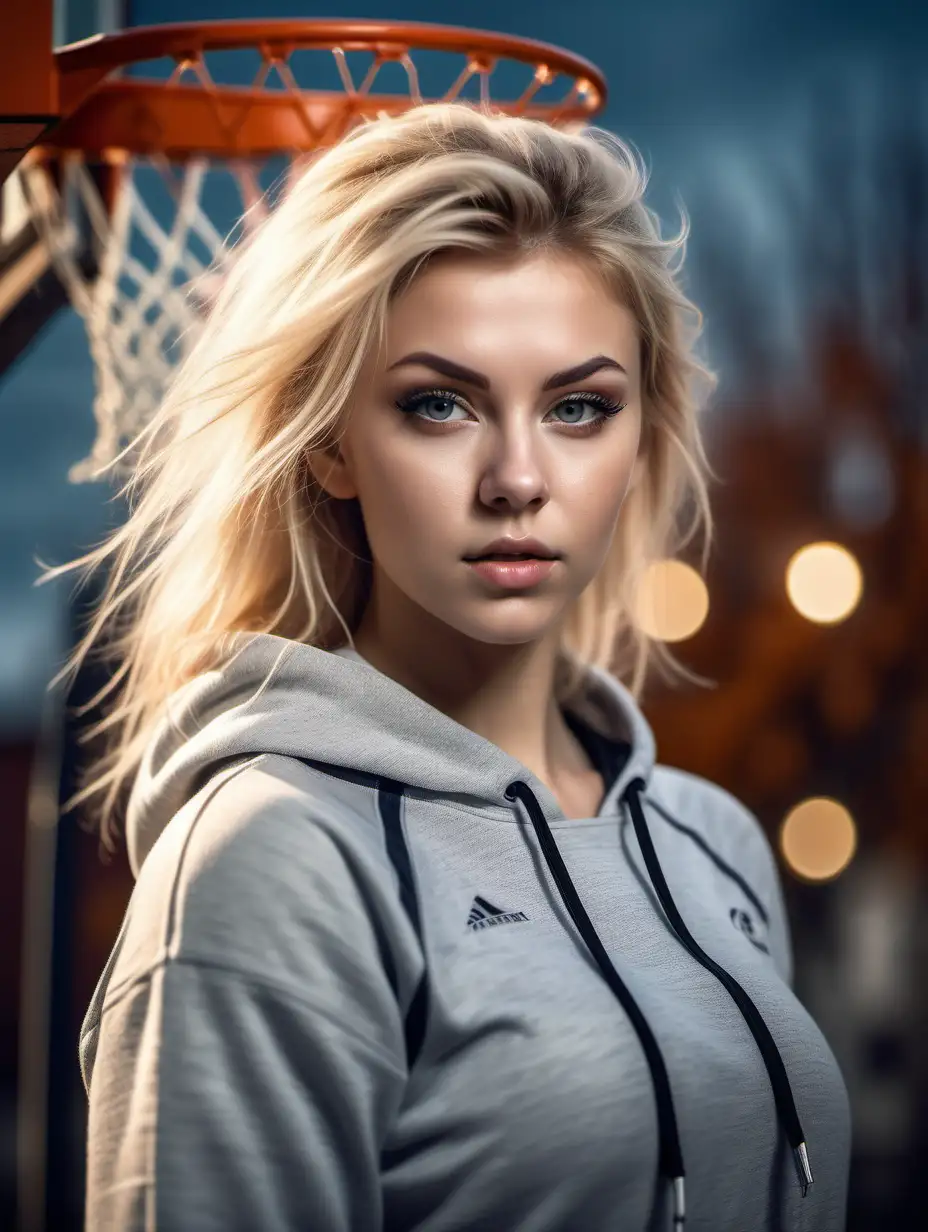 Beautiful Nordic woman, very attractive face, detailed eyes, big breasts, dark eye shadow, messy blonde hair, wearing a sweatsuit, close up, bokeh background, soft light on face, rim lighting, facing away from camera looking back over her shoulder, outdoor basketball hoop in the background, photorealistic, very high detail, extra wide photo, full body photo, aerial photo