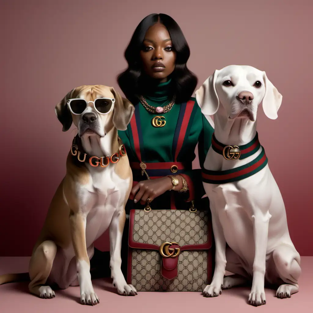 Gucci inspired fashion photoshoot with dogs, hyperrealistic rendering