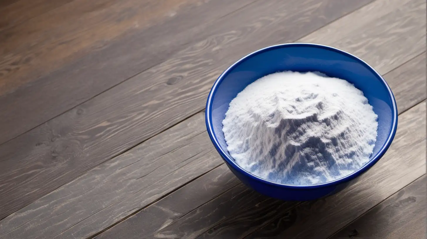 blue bowl with baking soda on wood floor. Make the image lighter and close up. 