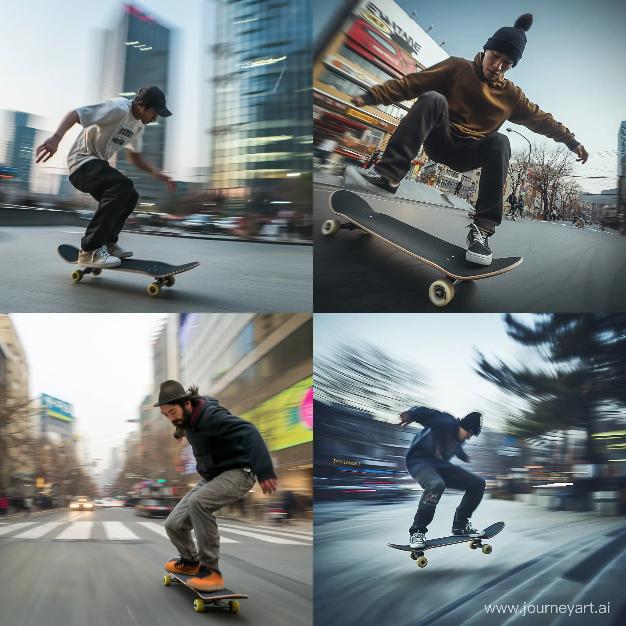 photography, distance range, in the Seoul city, extreme motion with professional man skate boarder
