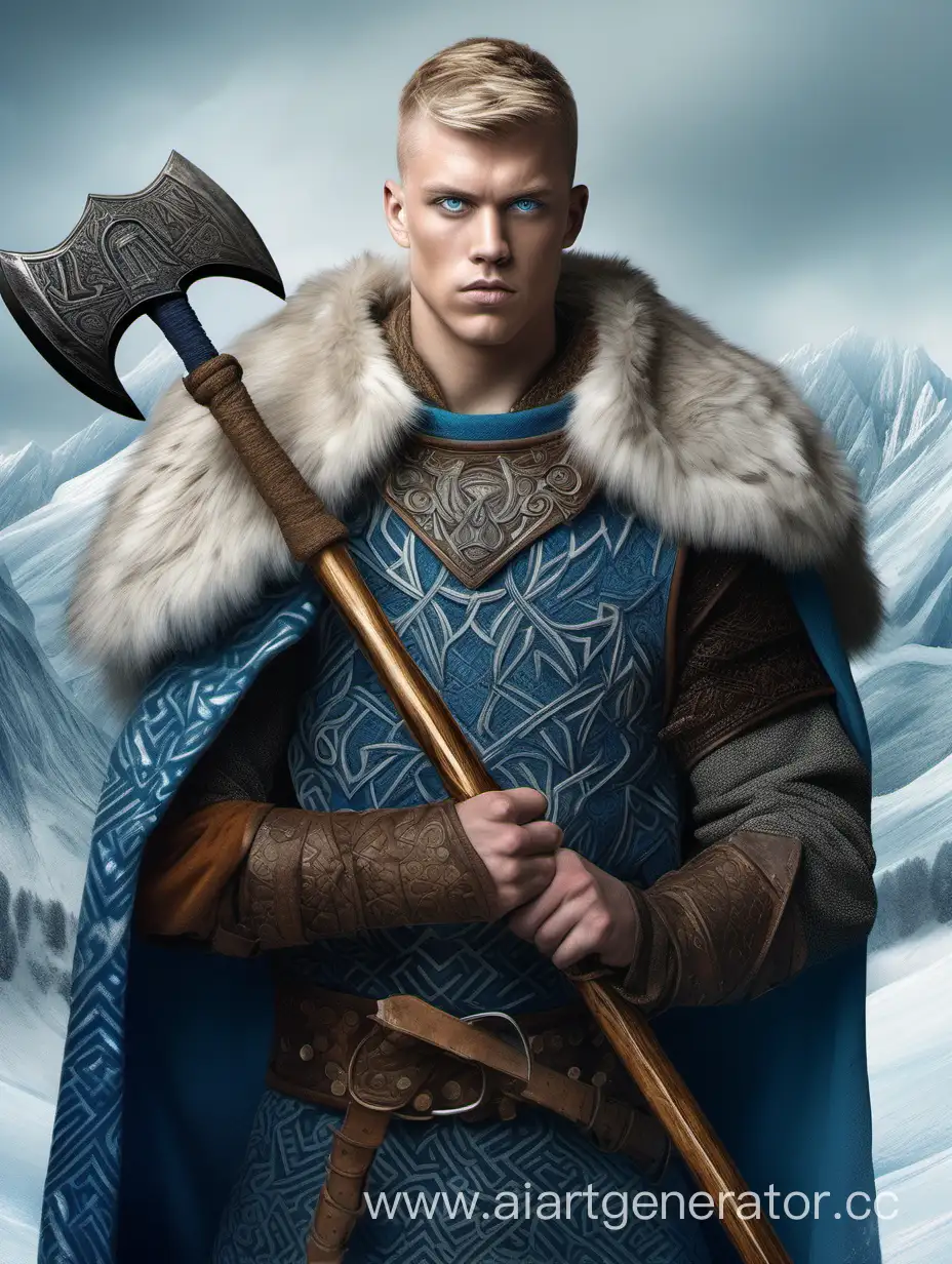 A fiercely proud young man from Northern Europe stands there, his presence radiating unshakable strength. His short blond hair sticks out in a crew cut, framing a face marked by determination and fortitude. This stunning portrait captures his piercing blue eyes reflecting the icy landscapes of his homeland. The intricate details of his embroidered Viking armor with animal ornaments and fur-lined cloak speak of her martial spirit. He holds a Viking battle axe in his hand.