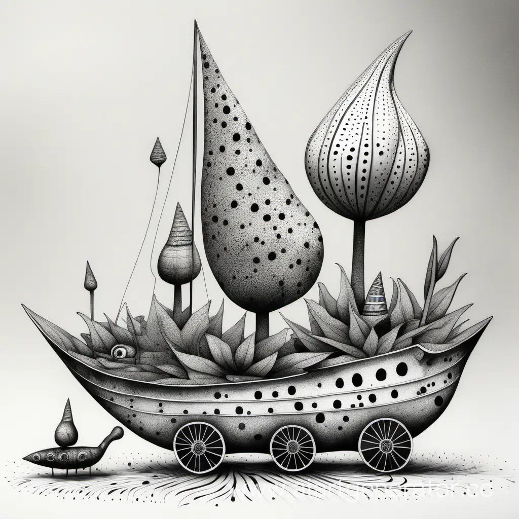 Surreal-Abstract-Scene-with-Gnomes-and-Leaf-Ship-in-Monochromatic-Harmony
