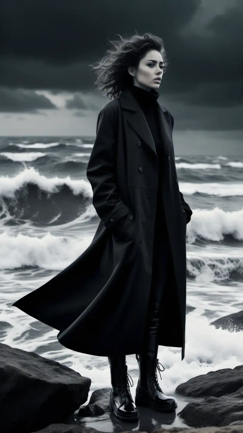 Lonely Woman in Black Overcoat Contemplating the Endless Sea
