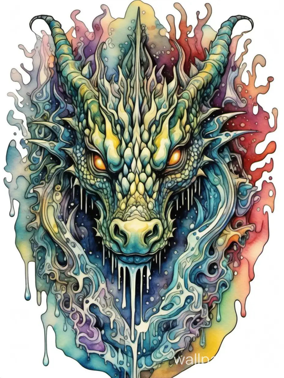 a psychedelic surrealist illustration of intricated front head of chill dragon, surreal, sfumato watercolor, dripping, melting, sticker art