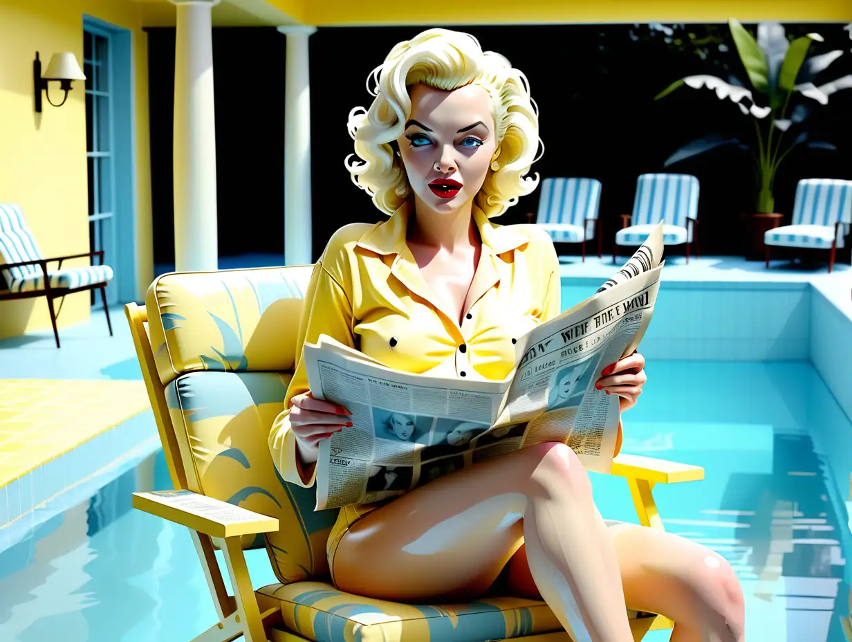 Full body shot. Show her butt behind. She is reading newspaper on a chair and wearing pyjama. Create soft white light on a face. Create mixture of Marilyn Monroe & Kate Moss that have blue eyes, white eye brows, pale skin, perfect white teeth, she is covered in yellow paint and is standing in a swimming pool. Make her look 40 years old. Style is David Hockney. Blue swimming pool. --niji 6 style raw