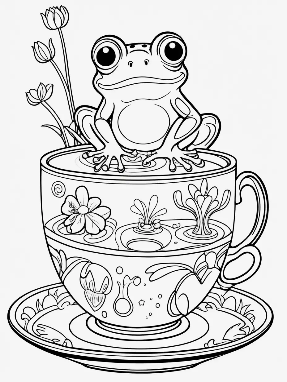 childrens coloring book page, cartoon modern, farytale, teacup, frogs, b&w thin line art, coloring book, white background, no dither, no gradient, no fill, vector illustration, v 5.2--ar 2:3