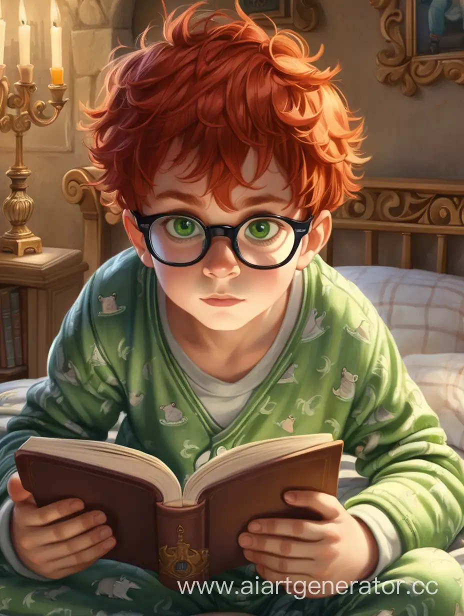 Мальчик с русыми волосами и зелёными глазами в очках и пижаме читает книгу в своей комнате в замке