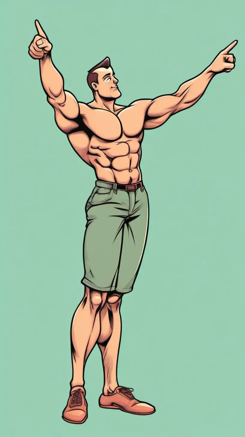 Cartoony color.  Muscualar man with no shirt on pointing at the sky with arm outstreched as if to say look at this
.  Simple background
