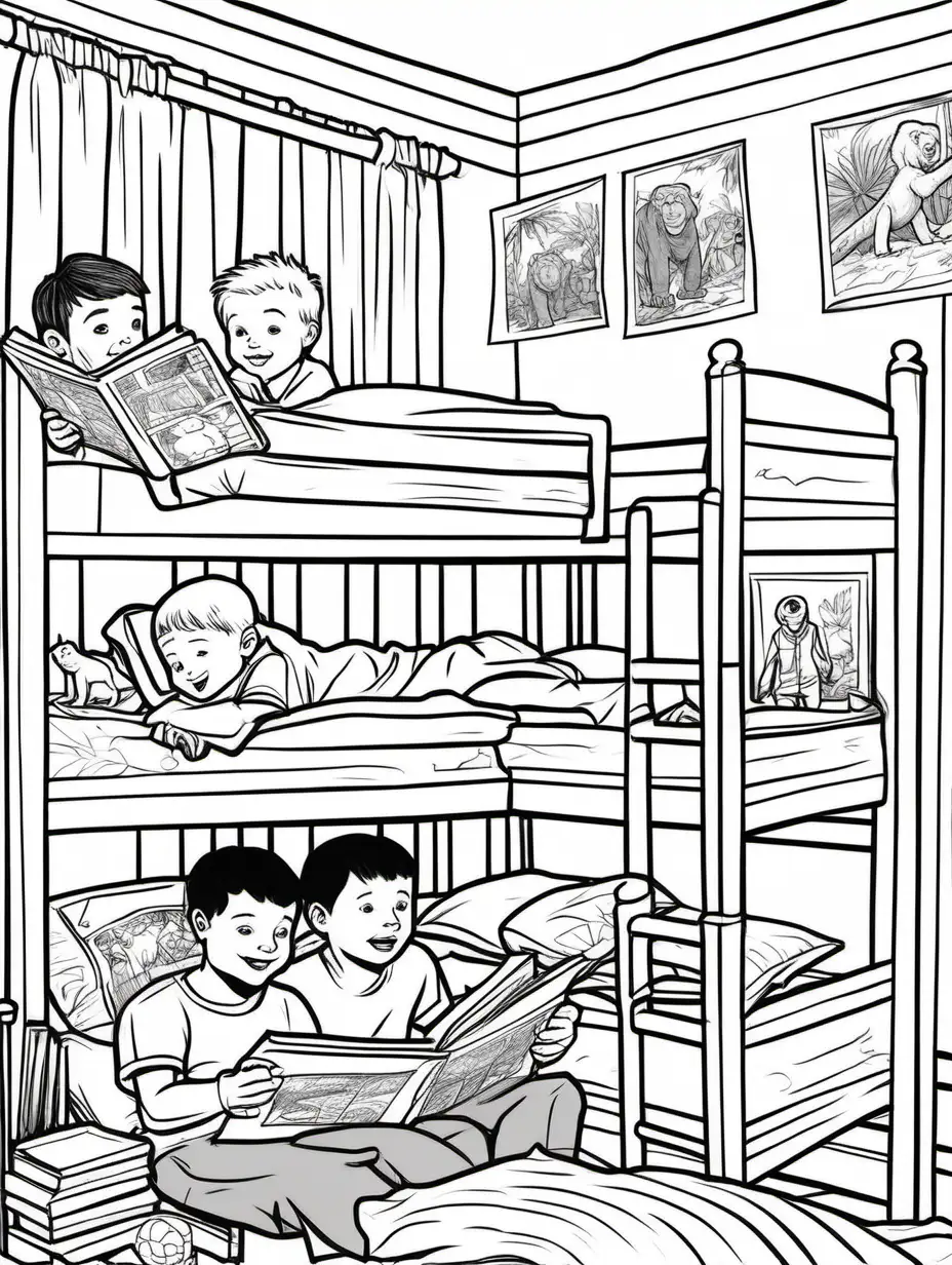 Simple black and white line art for children colouring book, two young boys with white hair, one in the top bunk bed and one in the bottom  bunk bed, listening the their father sitting in a chair across the room read them a bed time story. the father is hold a comic about a jungle adventure.  the bedroom is simple in layout with a bookcase and some soft toys in the corner