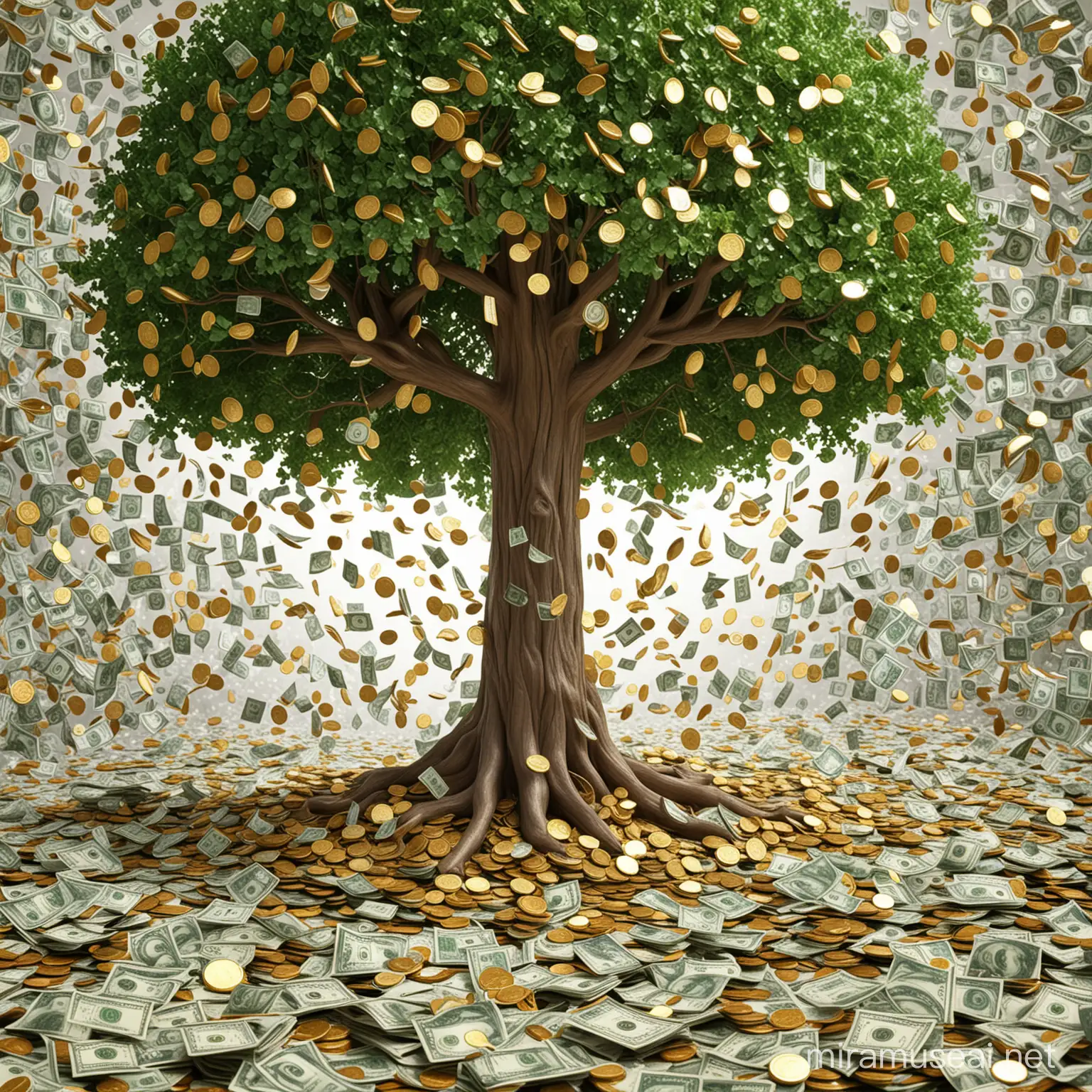 Imagine a majestic tree standing tall, its trunk composed of meticulously stacked golden coins that gleam in the light, symbolizing prosperity and abundance. The branches of the tree are lush with green dollar bills instead of traditional leaves, creating a striking contrast of opulence against the white background that accentuates the vibrant colors of the composition.   As the tree flourishes, some dollar bills flutter to the ground like falling leaves, gently descending in a graceful dance of wealth and fortune. A few bills are scattered on the ground, further emphasizing the theme of financial growth and success.   The overall composition radiates a sense of vitality and opulence, with each element meticulously detailed and rendered in high resolution to capture the intricate textures and colors of the golden coins and green dollar bills. The symbolic representation of wealth growth and prosperity is vividly depicted through the imagery of the flourishing tree, where money literally grows on its branches, creating a visual metaphor for abundance and financial success.   This visually stunning and conceptually rich artwork encapsulates the essence of prosperity and economic growth, inviting viewers to contemplate the transformative power of wealth and the beauty of abundance in a dynamic and symbolic way, 32k render, hyperrealistic, detailed.