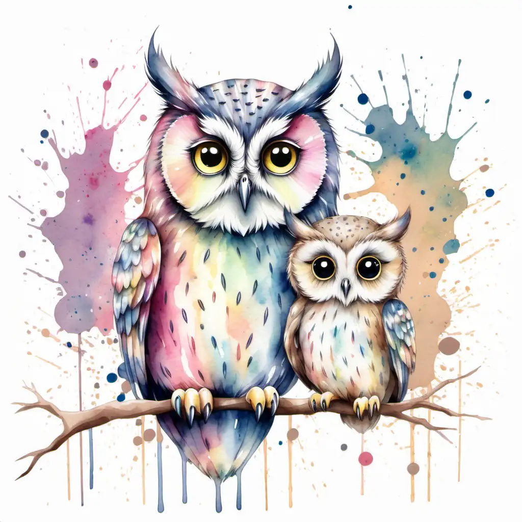 Watercolour, owl and baby owl, pastel splatter background
