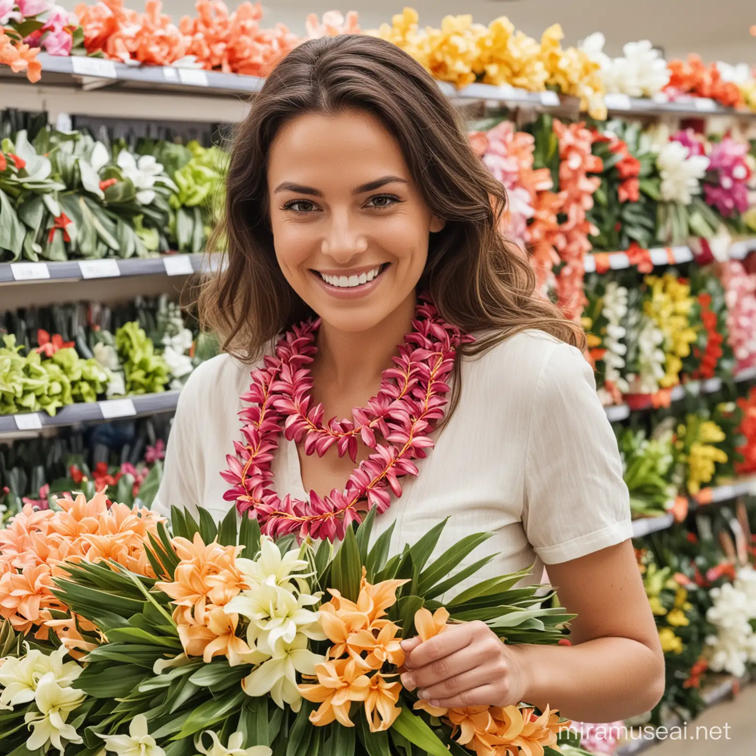 smiling woman shopping with leis