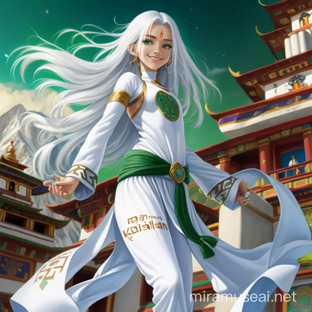 Youthful Superhero with White Hair and Blue Eyes in Tibetan Monastery