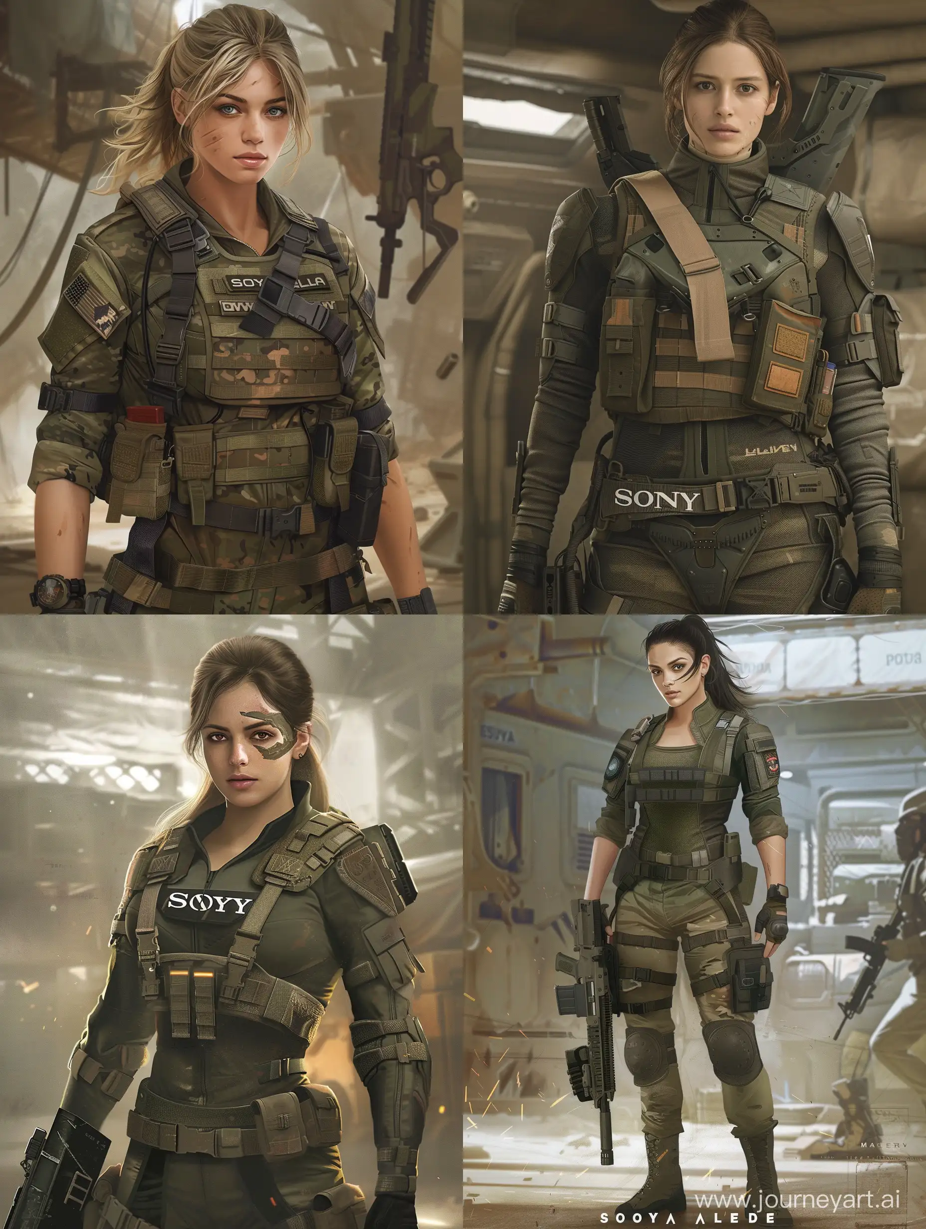 Craft a prompt closely resembling Sonya Blade, featuring a full-body depiction in an attractive, detailed, photorealistic costume. Showcase Sonya's toughness and determination by portraying her in a sleek and practical military outfit, accentuated with tactical gear and weaponry. Pay meticulous attention to the intricate details of her attire, from the precise stitching on her uniform to the functional pockets and straps. Capture Sonya's steely gaze and confident posture, conveying her status as a seasoned warrior. Set the scene against a backdrop suggestive of a military base or battlefield, utilizing lighting to enhance the realism and intensity of the portrayal.