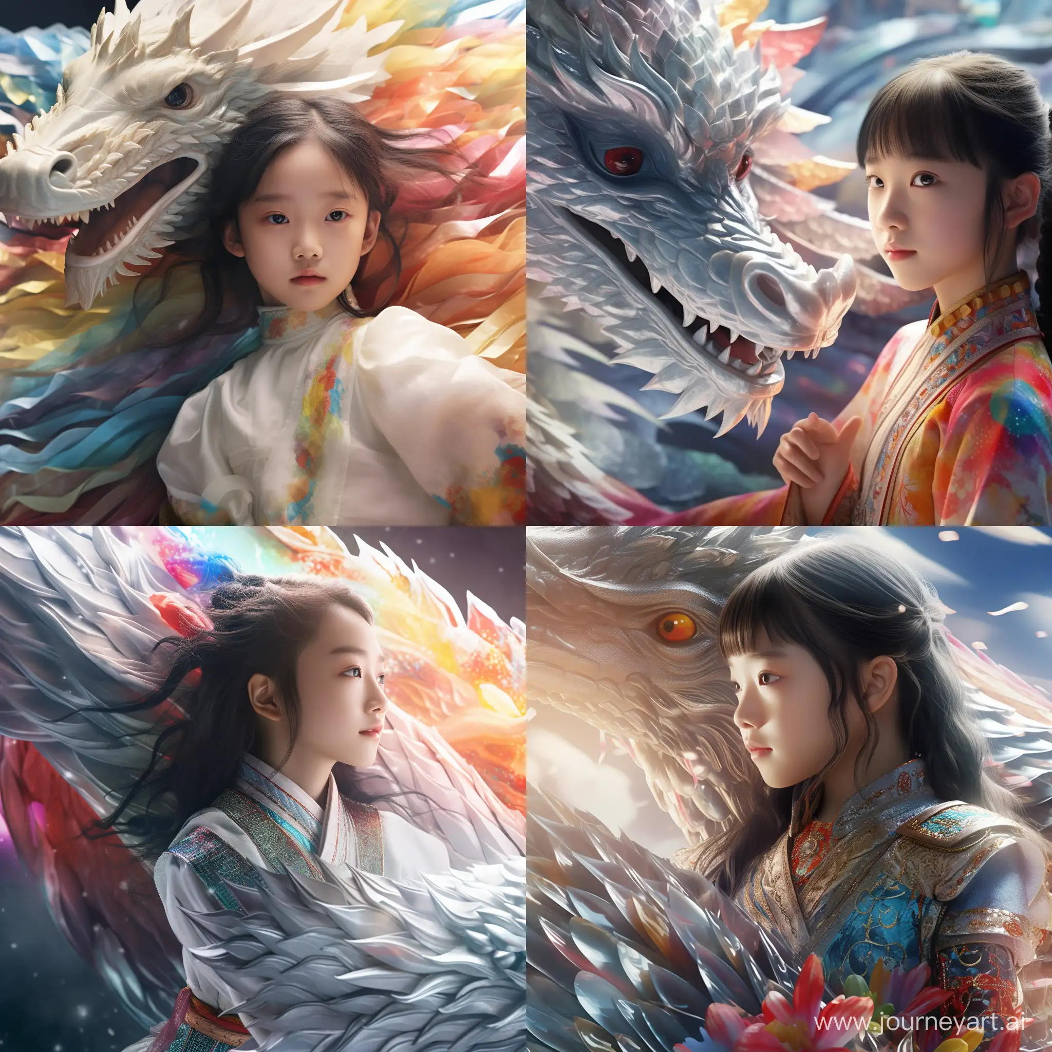Close-up, platinum dragon surrounded by cute little Chinese girl, 4 years old, sideways wearing rainbow colored gorgeous Hanfu, grand scene, minimalism, Chinese dragon, C4D rendering, surrealism, masterwork cinematic lighting, ultra high definition, Fine details, color gradation