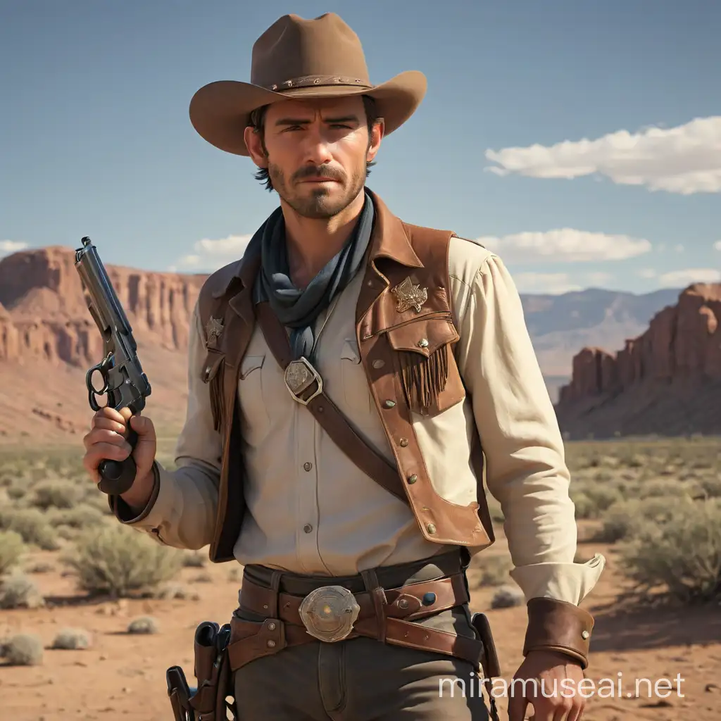 Lone Cowboy Wielding an Iconic Revolver in a Desert Landscape