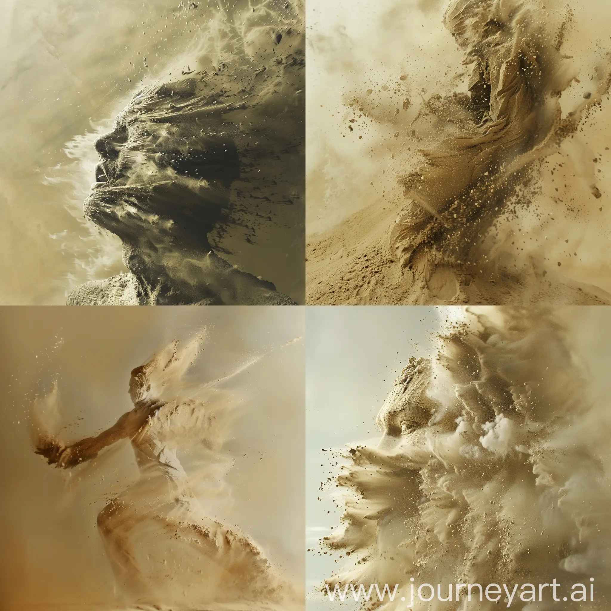 an image of a human figure composed entirely of sand being blown away in the wind. The scene should evoke a sense of motion and dynamism, resembling a real photograph.