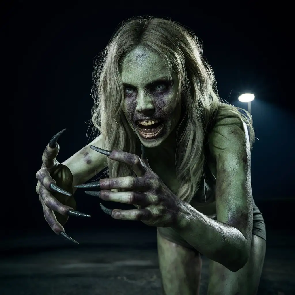 A horrifyingly realistic and terrifying zombie woman, her skin a sickly pale green with patches of black and purple discolorations, almost as if it were rotting away. Her once beautiful features are now twisted into a snarl, revealing her sharp, pointed teeth. Her long, curved, pointed nails protrude from the ends of her fingers like menacing claws, the five of them glistening with a disturbing mixture of dirt and moisture. The background is pitch black, with only the faint glow of a distant streetlight barely illuminating her body. The woman's body is contorted, her muscles taut as she prepares to pounce on her prey. Her movements are jerky and unnatural, her eyes glassy and unblinking. In the dim light, you can see her lumbering forward, closing in on her unsuspecting victim.
hyper-realism, cinematic, high detail, photo detailing, high quality, photorealistic, terrifying, aggressive, bloodlust, sharp fangs, dark atmosphere, realistic, detailed nails, horror, atmospheric lighting, full anatomical. human hands, very clear without flaws with five fingers