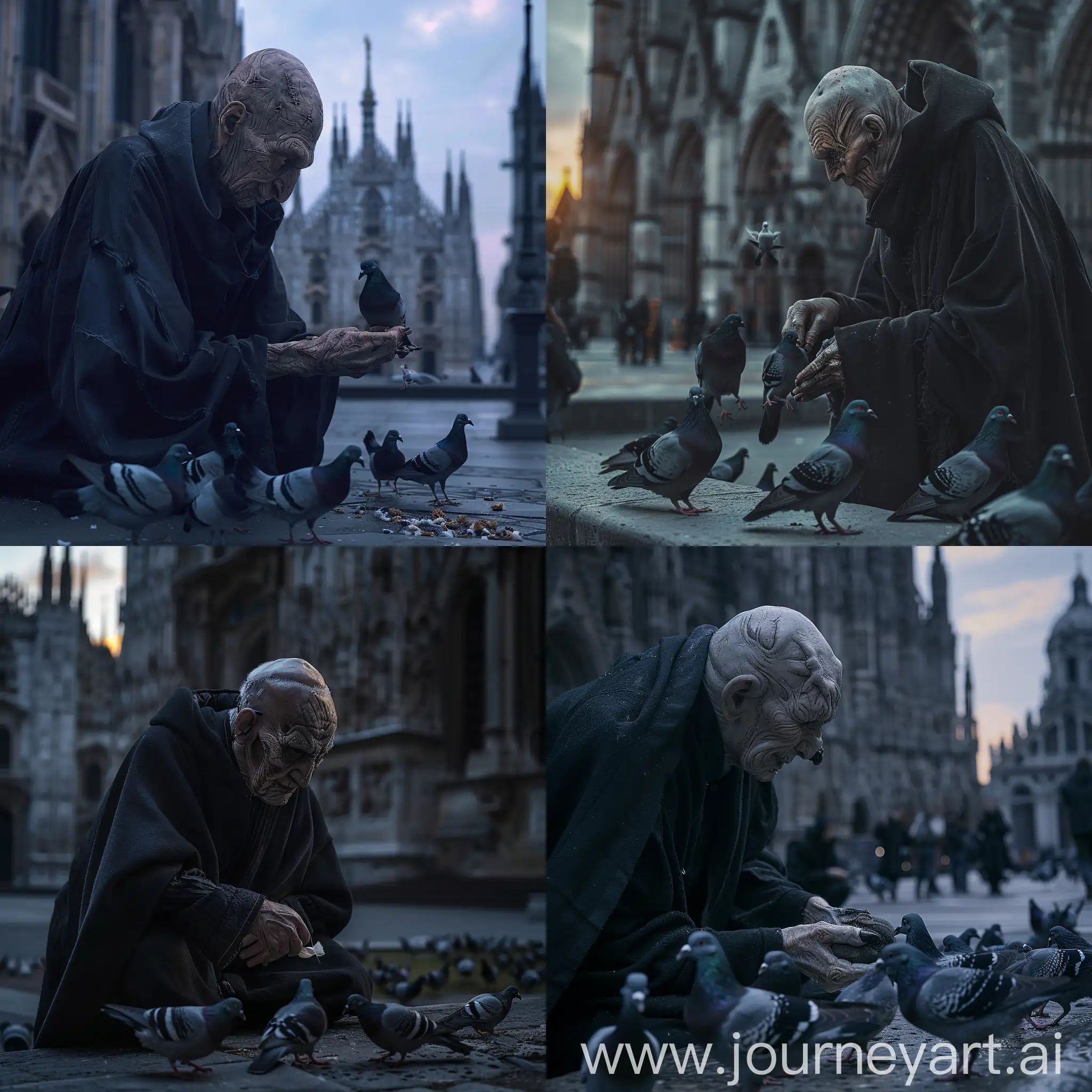 Elderly person with extensive facial prosthetics and makeup to create a monstrous appearance, balding head , wearing a dark robe , feeding the pigeons in front of a gothic cathedral, dawn, midnight, dark colors, gothic environment, dramatic lighting