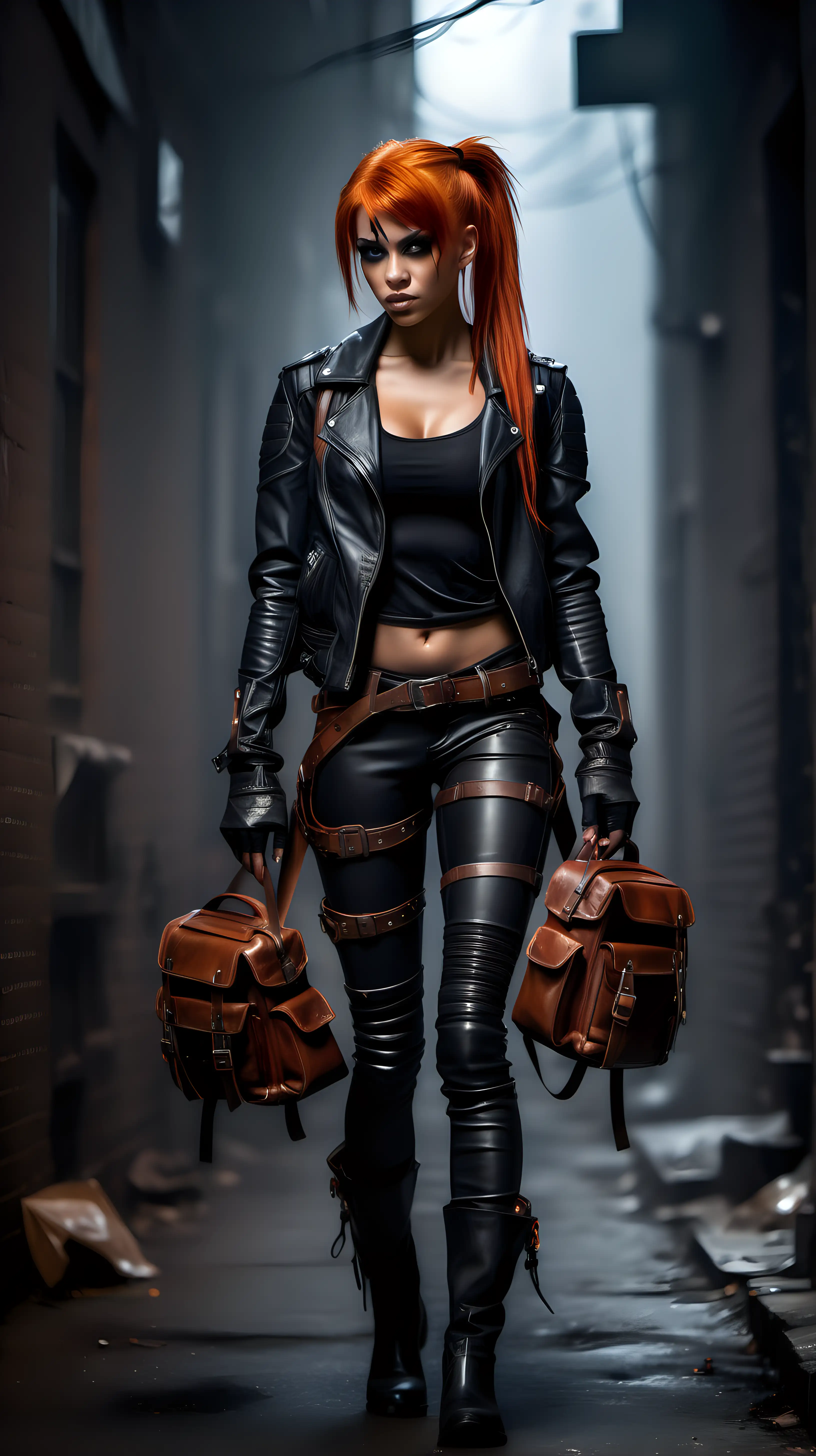 Muscular petite rogue with leather clothes and orange hair, light brown skin, two pony tails, leather jacket, leather boots, leather pants, holding a backpack, fantasy style, full length portrait, dark foggy alley
